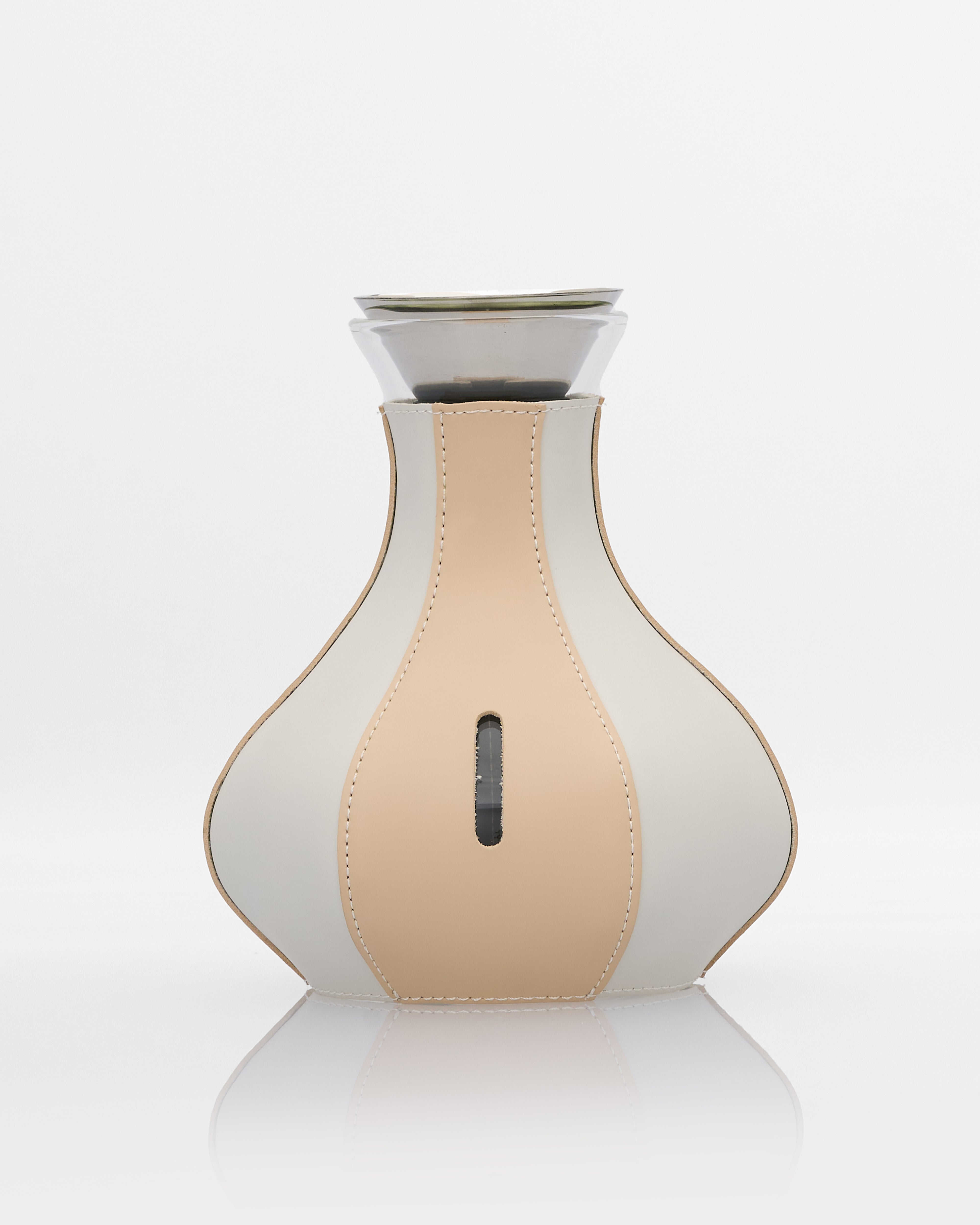Front view of Modern Leather Accent Jug Decor showcasing refined jug silhouette and elegant leather finish