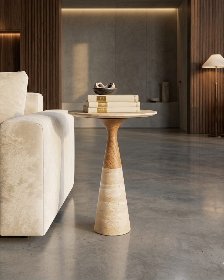 Modern living room with a beige sofa and wooden side table.