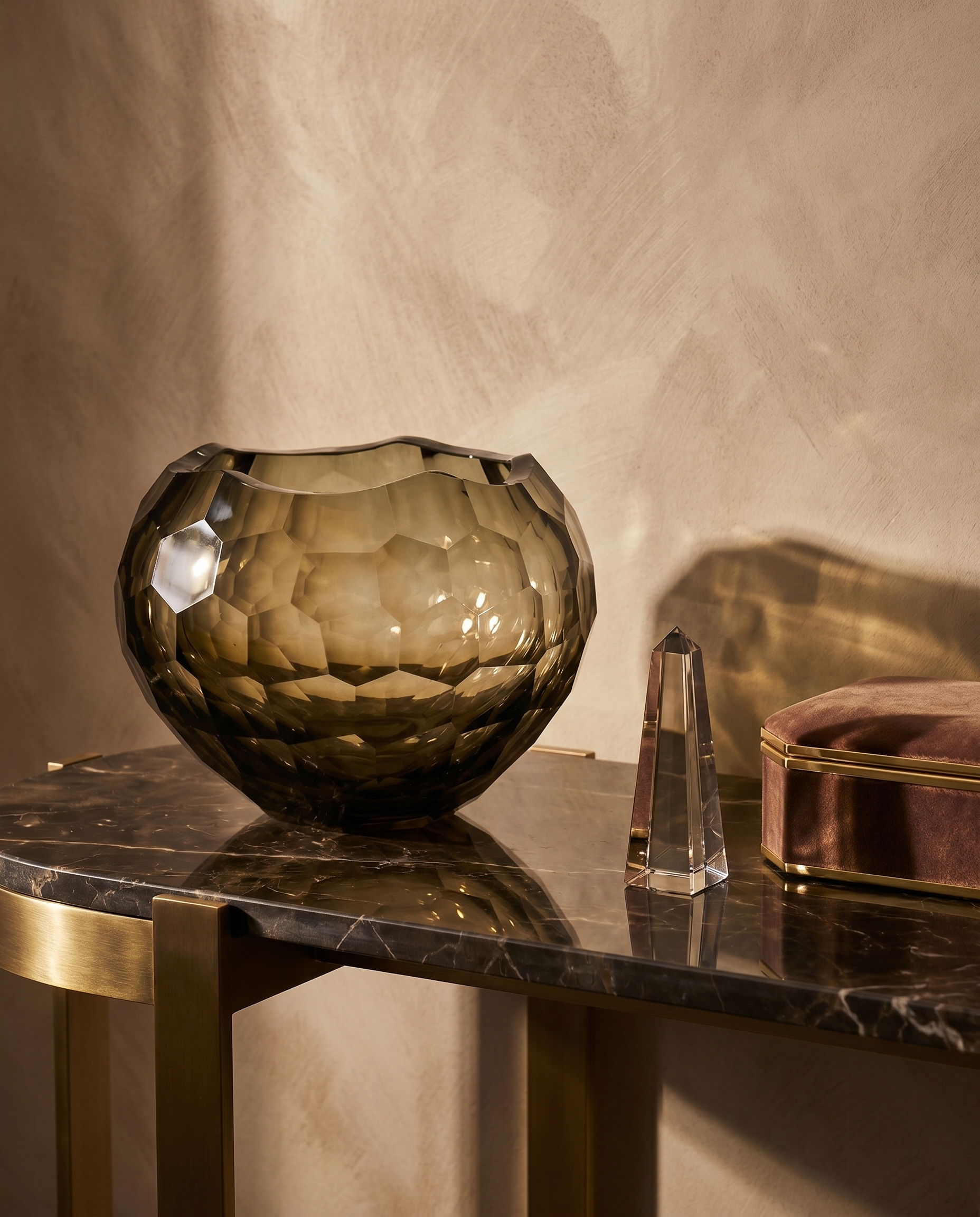 Crystal-Cut Brown Vase Bowl