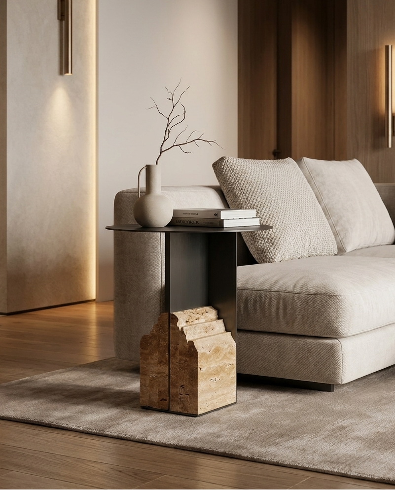 Modern living room with a beige sofa, wooden side table, and decorative elements.