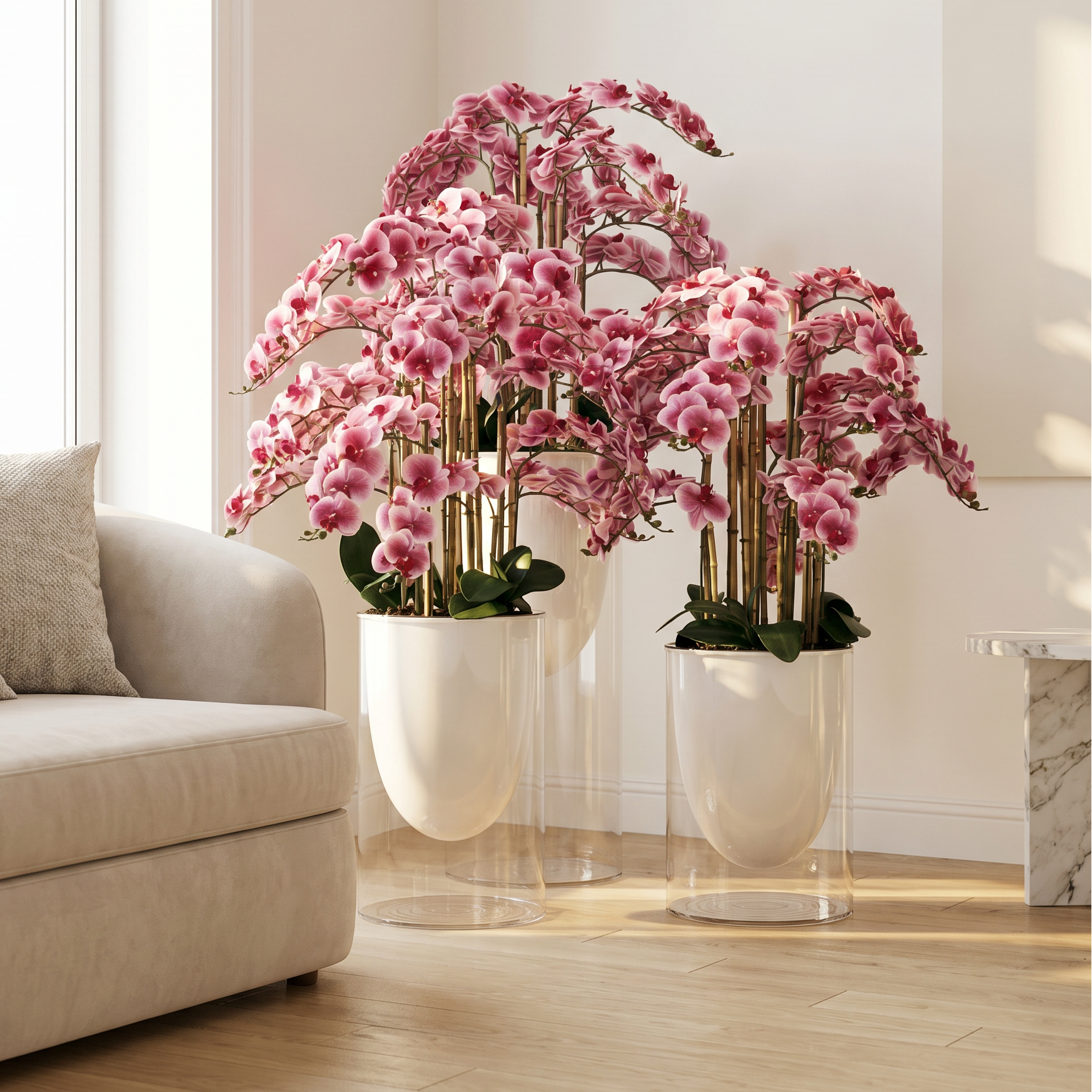 Two potted pink orchids on a wooden floor with a beige sofa and white walls in the background.