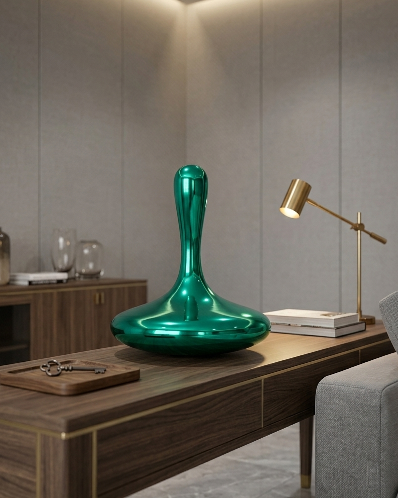Modern interior with a green glass sculpture on a wooden table.