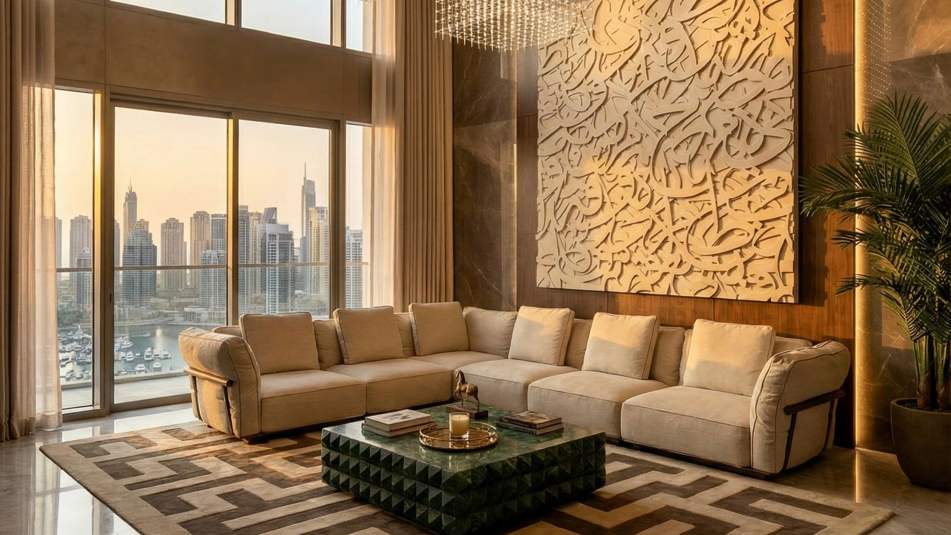 Modern living room with large windows, sectional sofa, and decorative wall art.