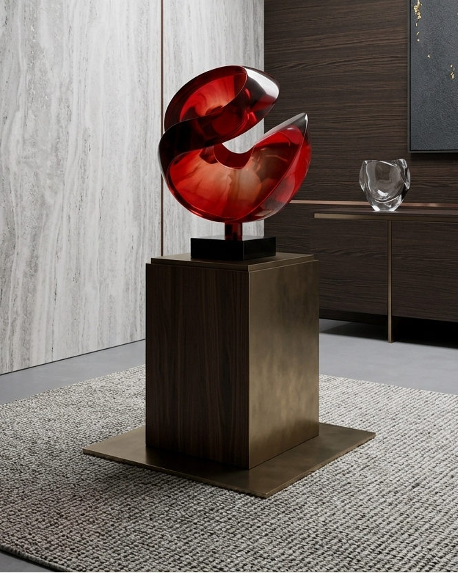 Modern interior with a red abstract sculpture on a wooden pedestal.