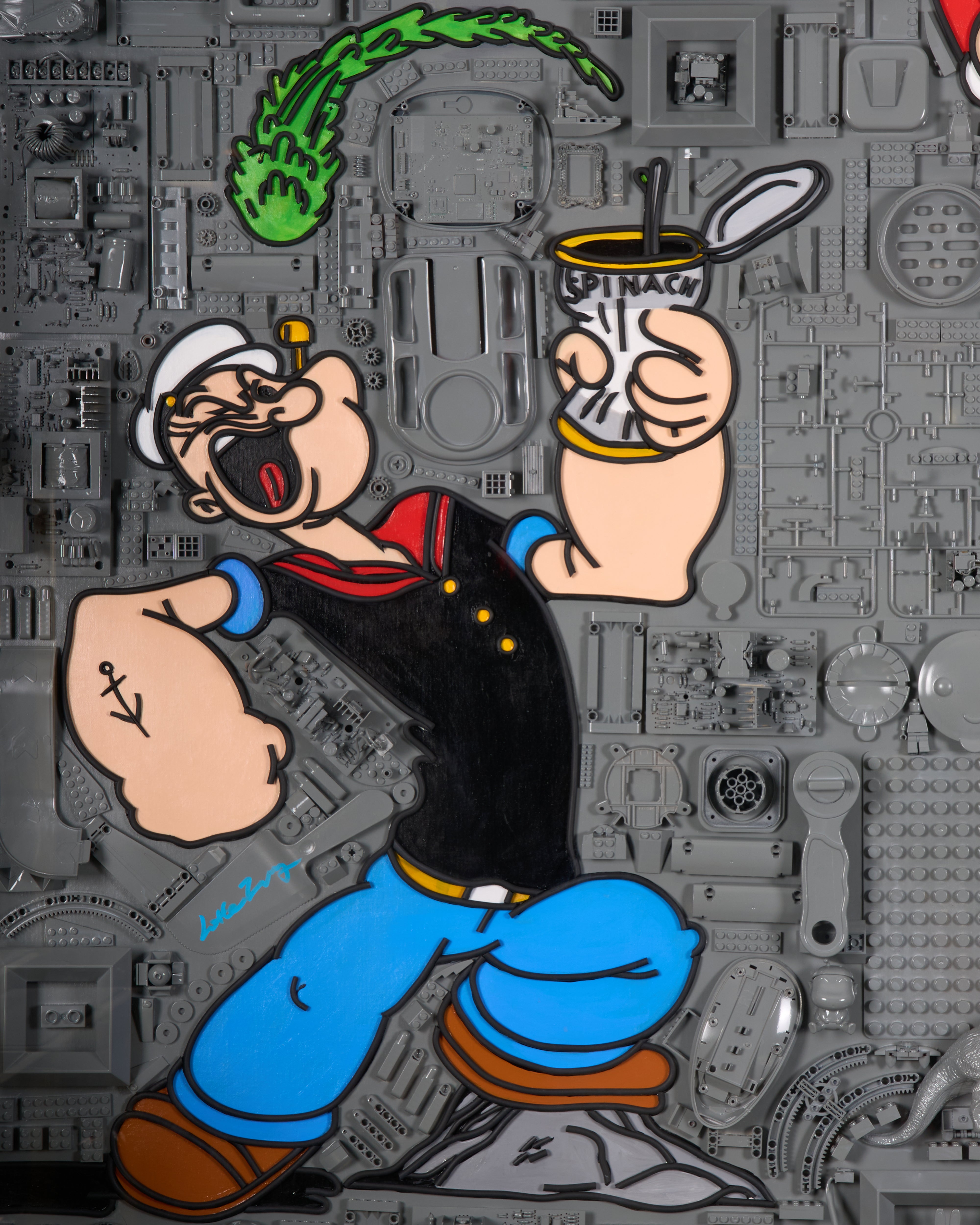 Side view of sailor character inspired cosmic scrap wall art highlighting layered textures and artistic depth