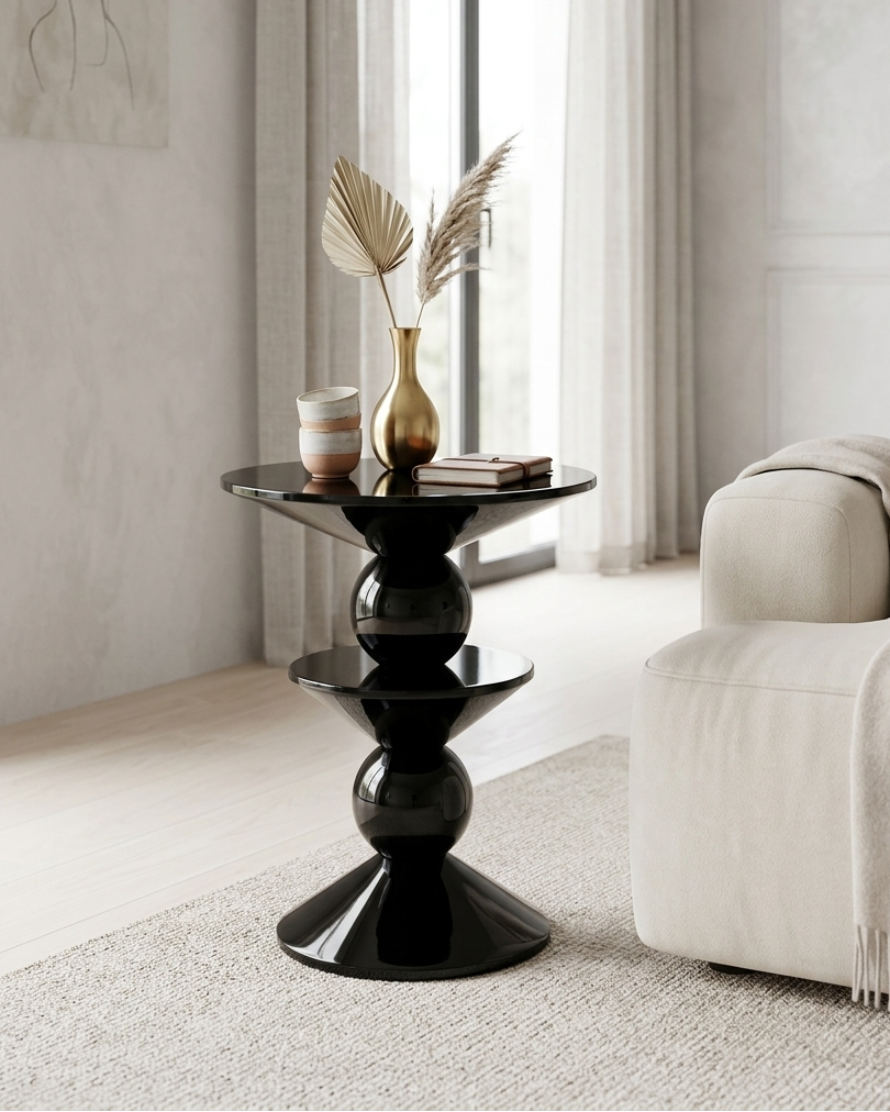 Black side table with decorative items in a living room setting