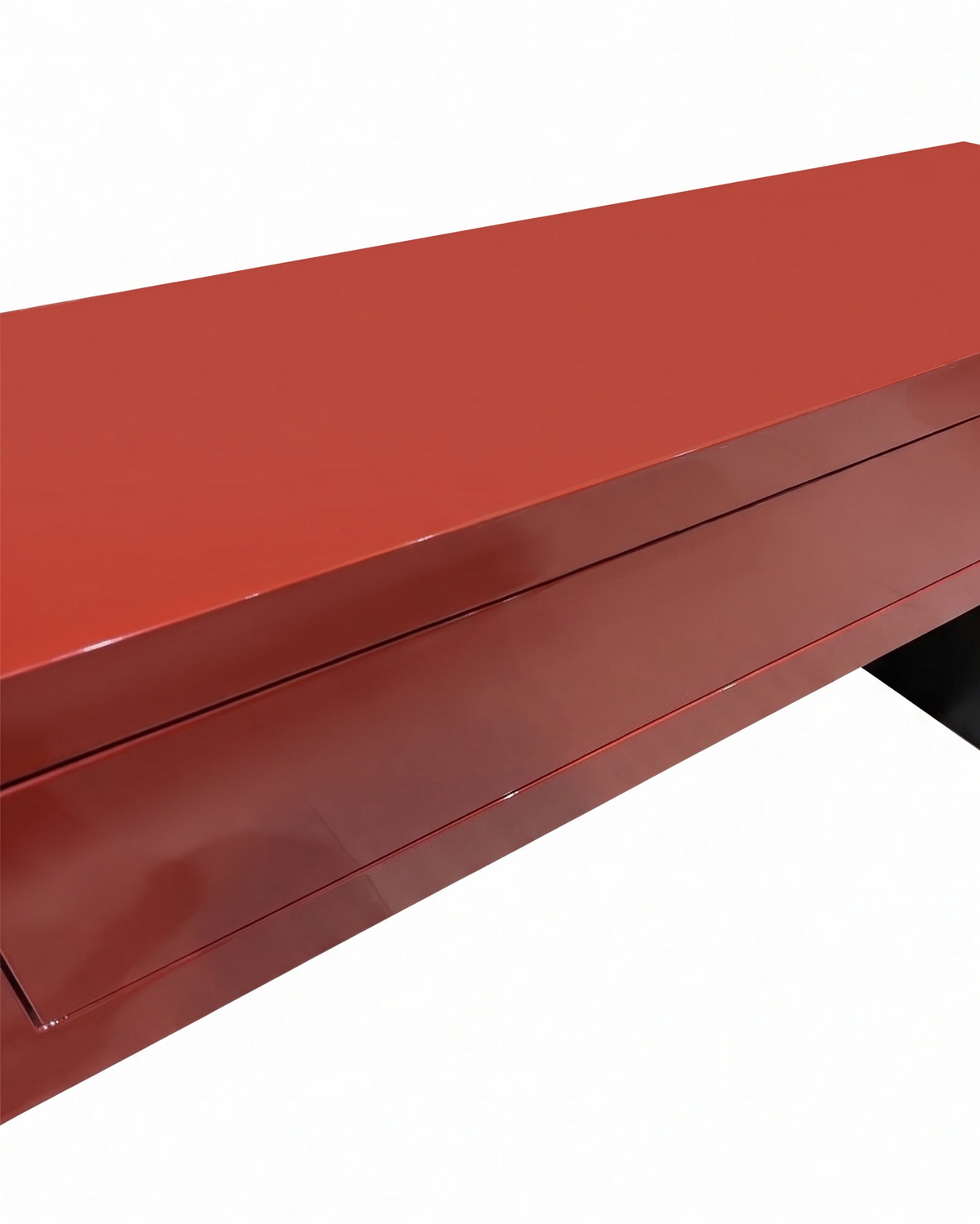 A glossy red rectangular console table or credenza with a black triangular support leg, shown at an angle on a plain white background.