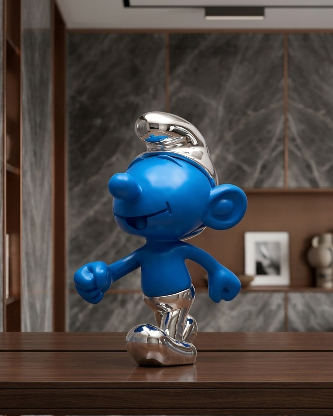 Blue Smurf figurine with a silver helmet on a wooden surface