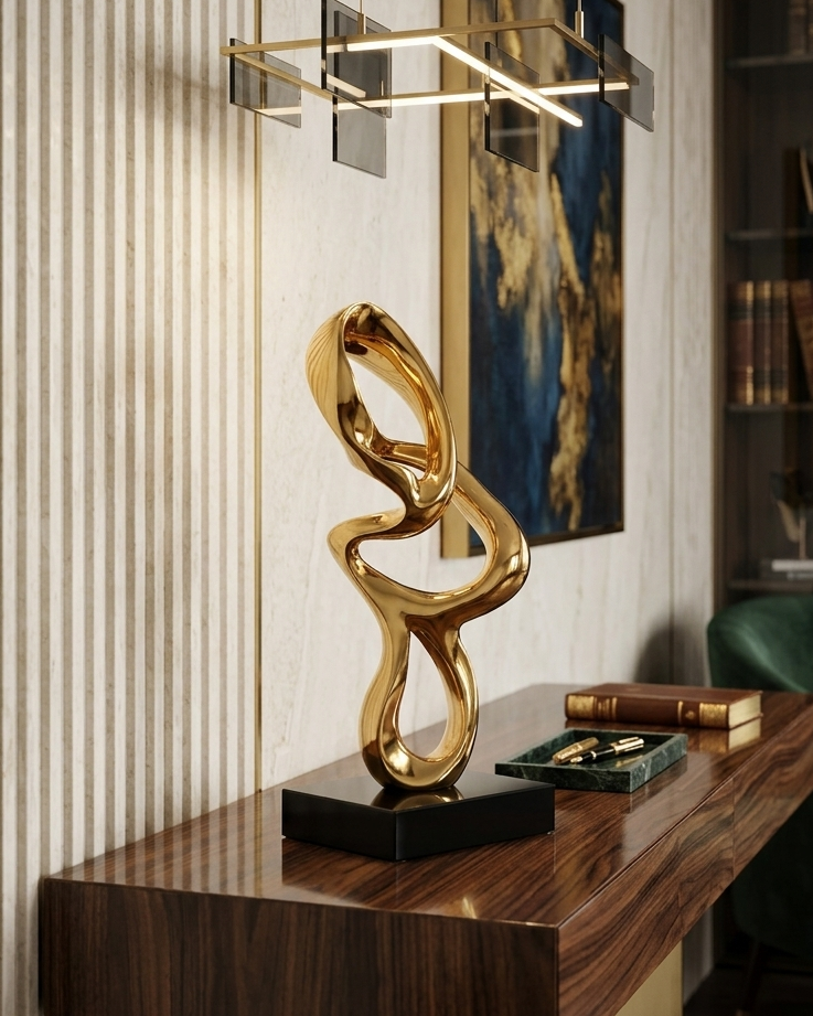 Gold abstract sculpture on a wooden surface with a modern interior setting.