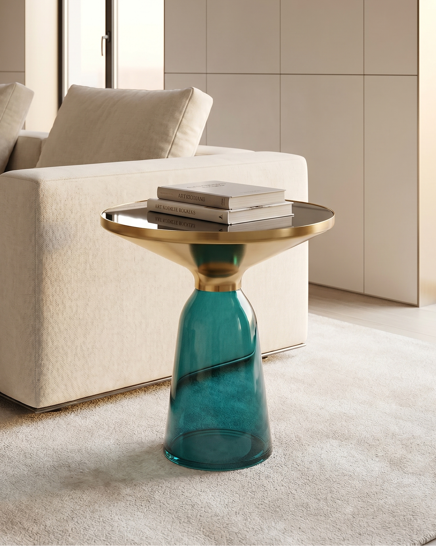 Modern side table with gold top and blue base in a living room setting