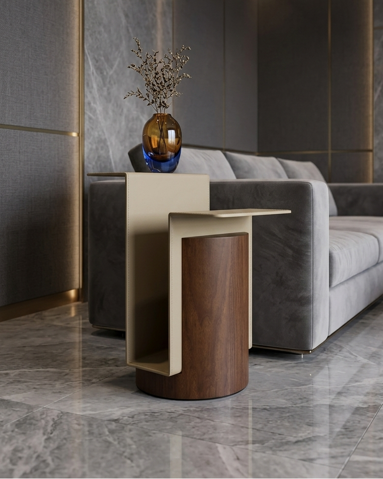 Modern living room with a gray sofa, marble floor, and decorative side table.
