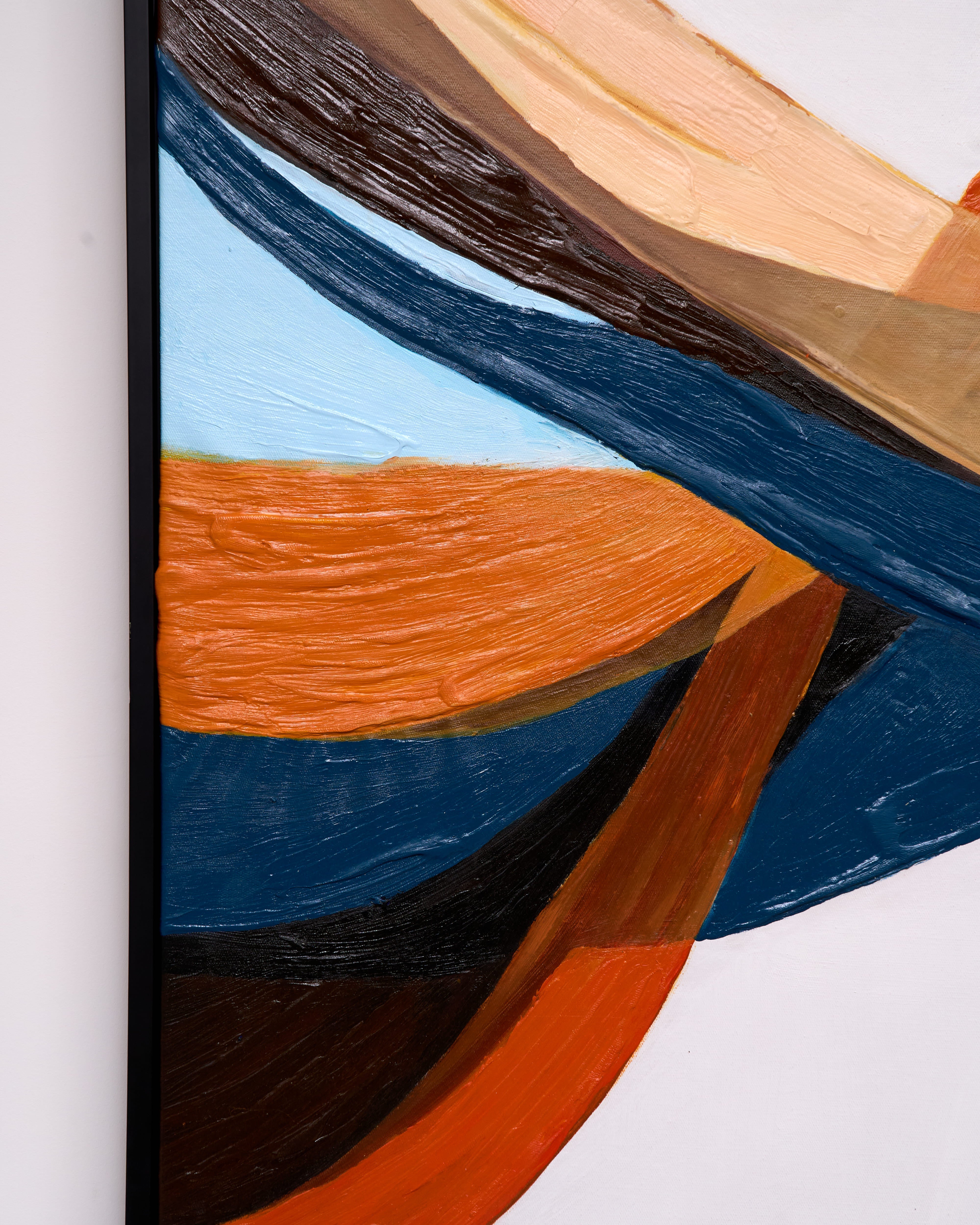 Abstract wall art painting with thick brushstrokes in orange, blue, brown, beige, and black on a white background.
