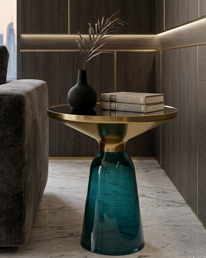 Modern living room with a gray sofa, gold side table, and decorative elements.