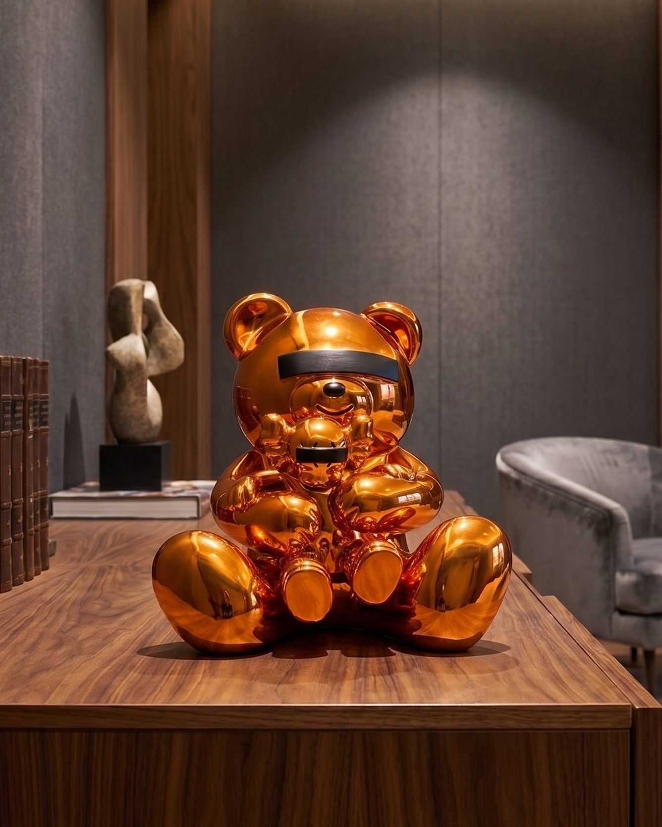 Bronze bear sculpture on a wooden table in a modern interior setting
