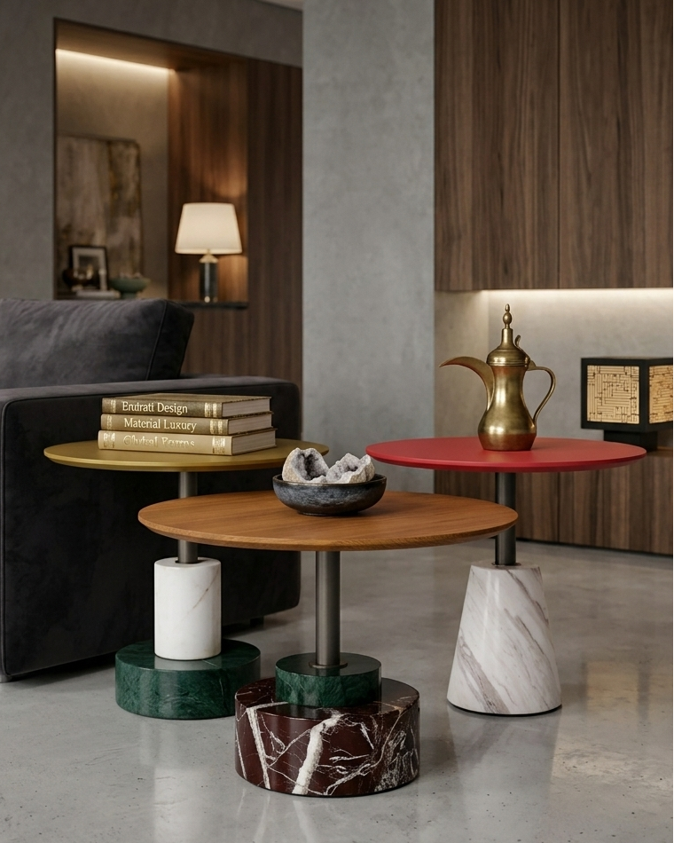 Modern living room with a gray sofa, decorative tables, and a lamp.