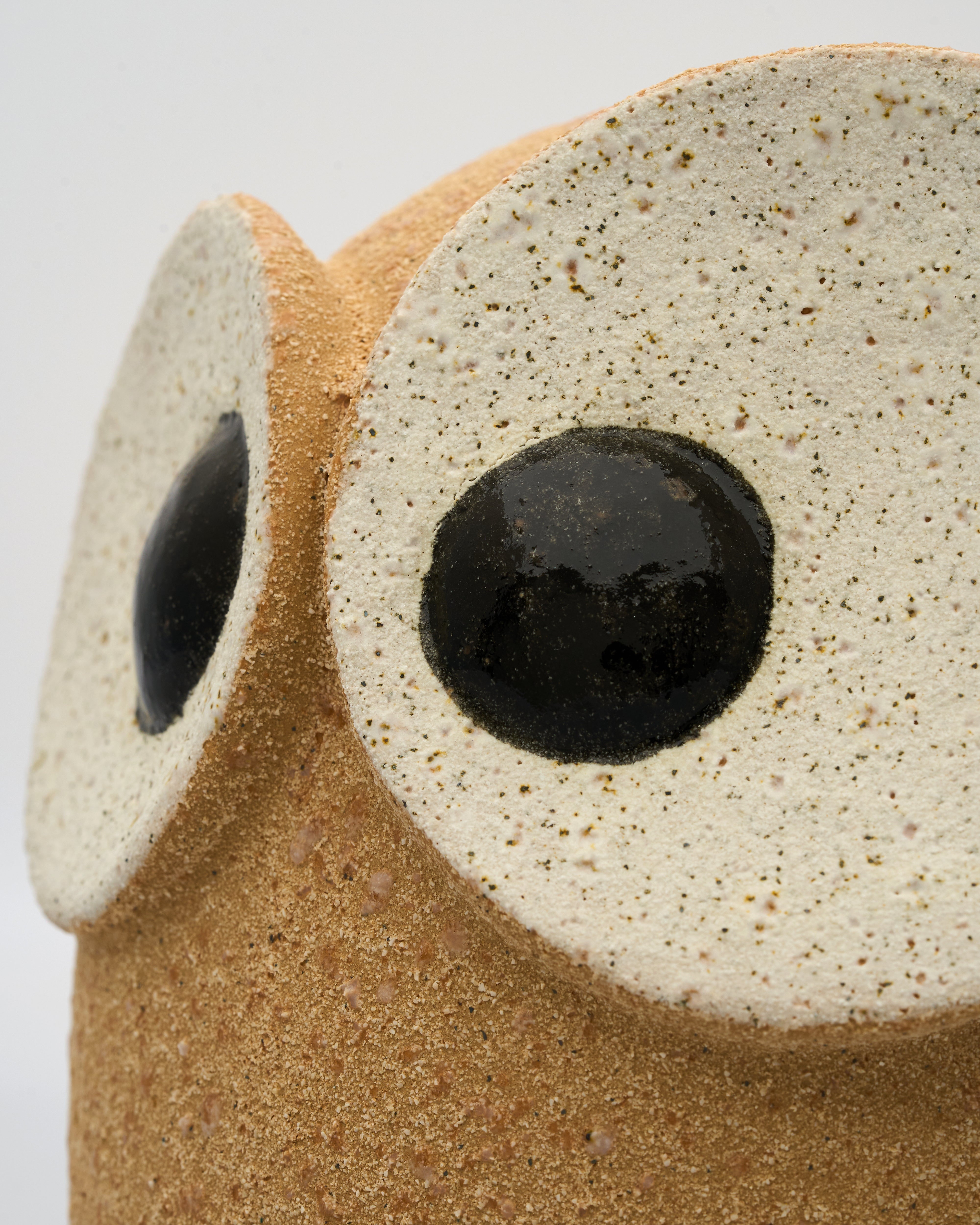 Close-up of a ceramic owl with speckled brown and beige body and black eyes on a light gray background.