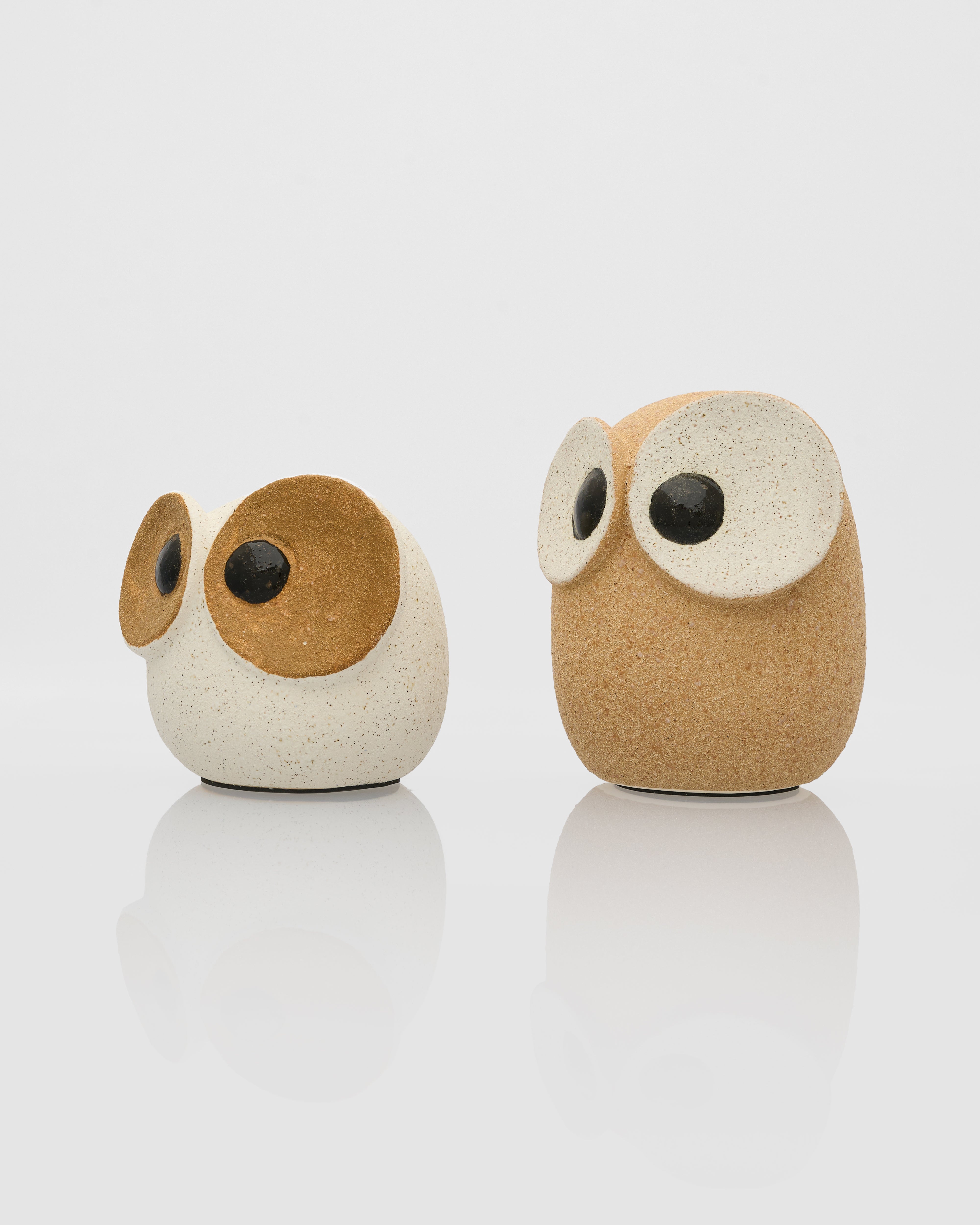 Two owl-shaped ceramic salt and pepper shakers on a light gray background