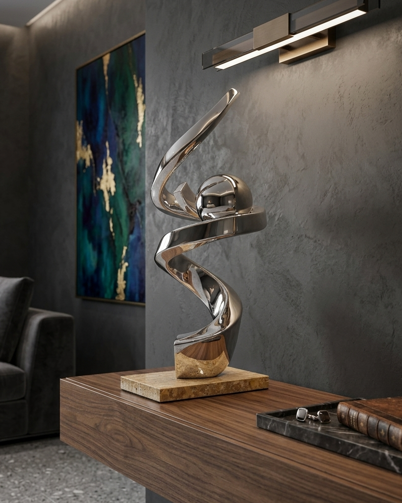 Modern interior with a decorative resin sculpture on a marble surface, abstract painting on the wall, and dark gray sofa.