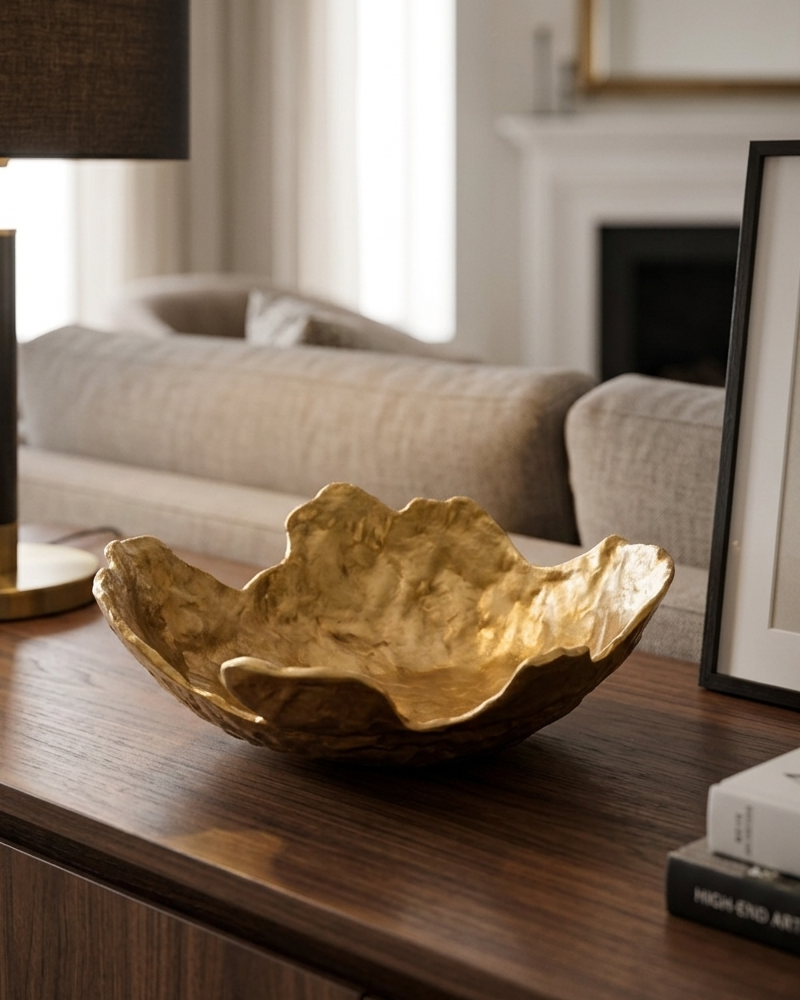 Gold leaf bowl on a wooden surface with a blurred living room background