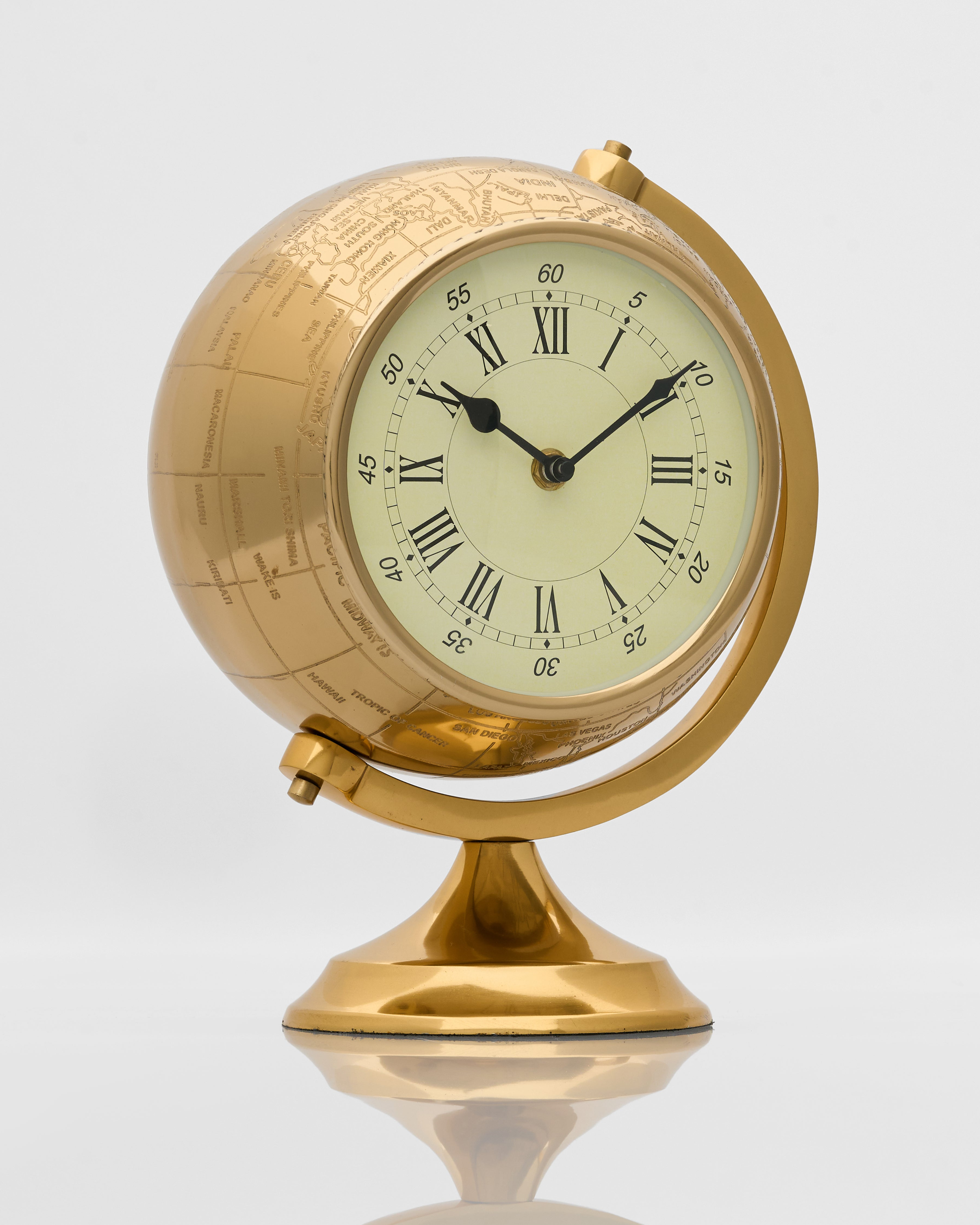 Vintage globe inspired table clock luxury home decor accent featuring classic world map design and refined craftsmanship