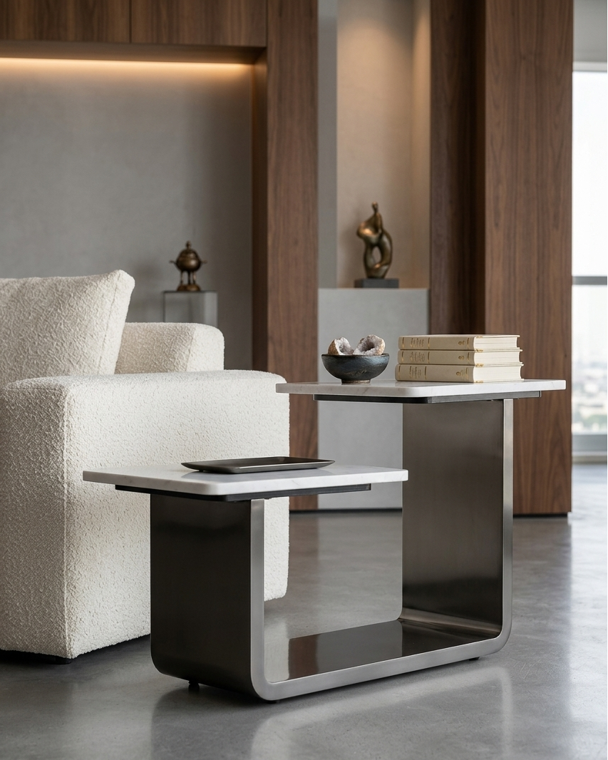 Modern living room with a white sofa and a stylish coffee table.