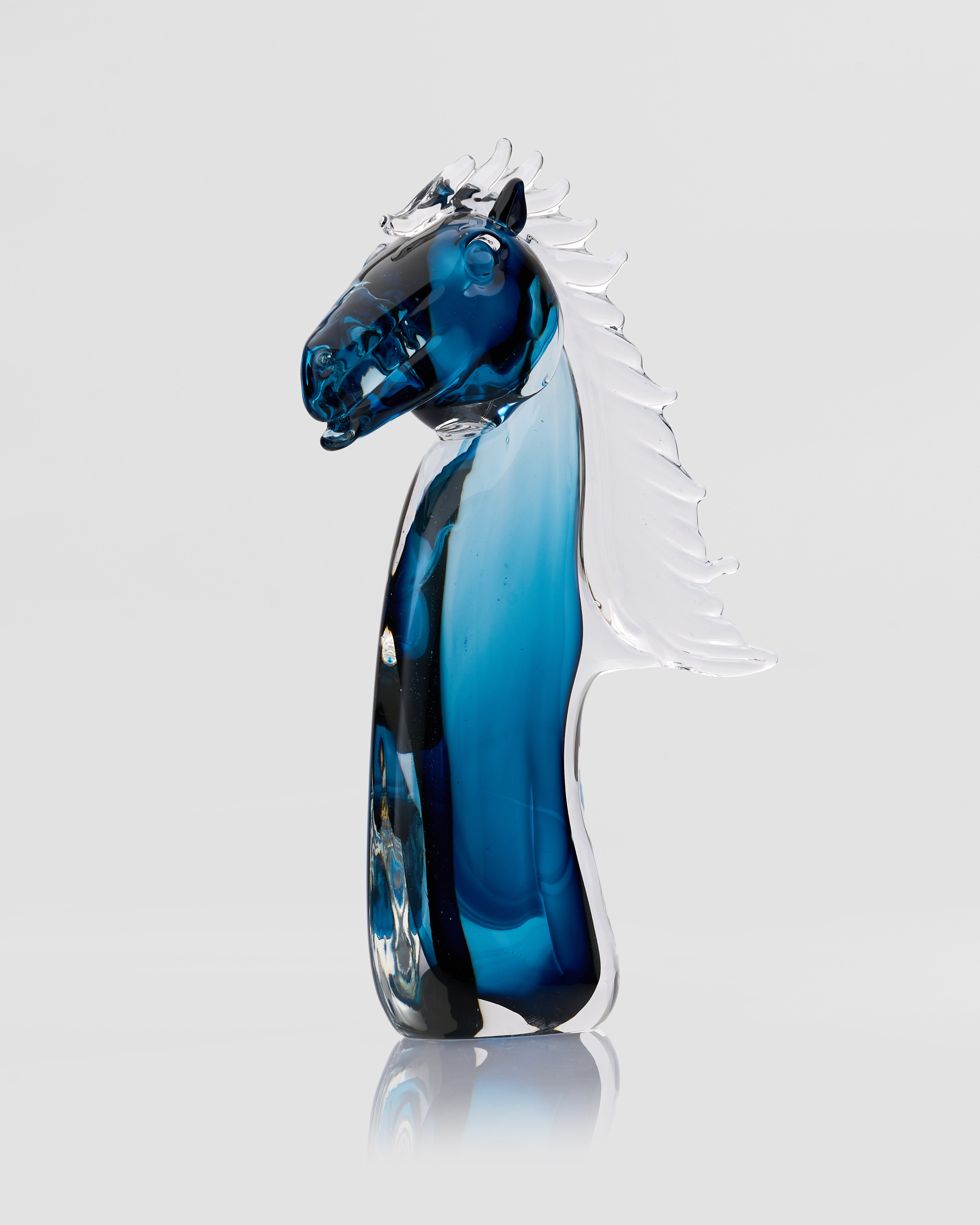 Front view of Zaphire blue clear horse decor showcasing dynamic equine form and premium glass detailing