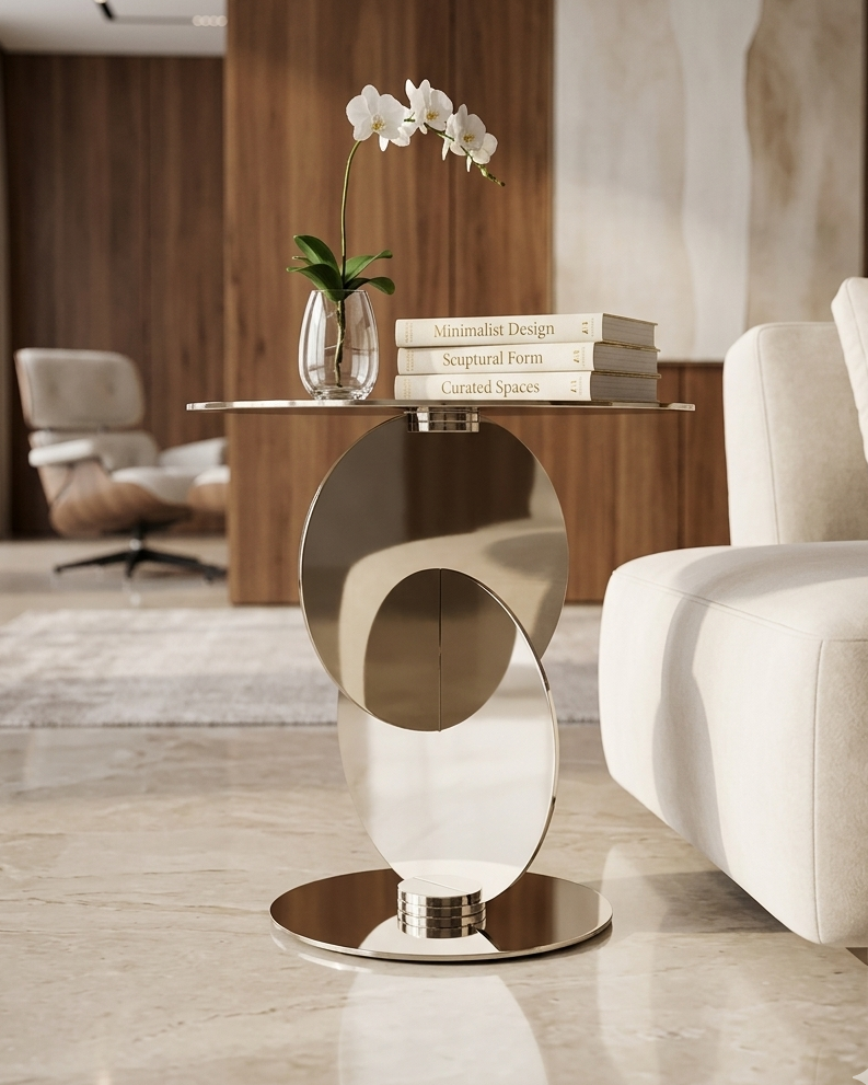 Modern living room with a stylish side table, books, and a vase with flowers.