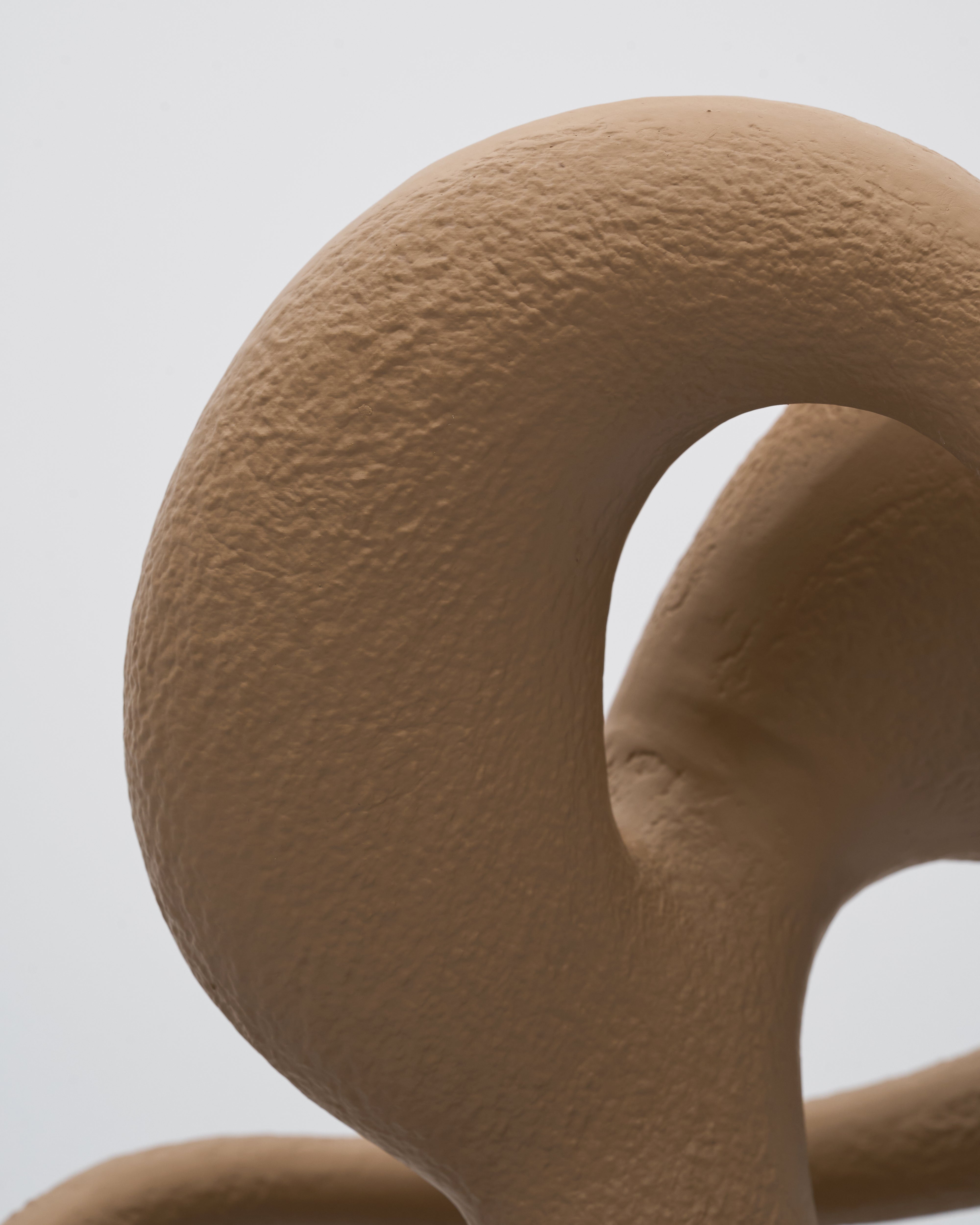 Close-up of a brown abstract sculpture against a light gray background for home and office 