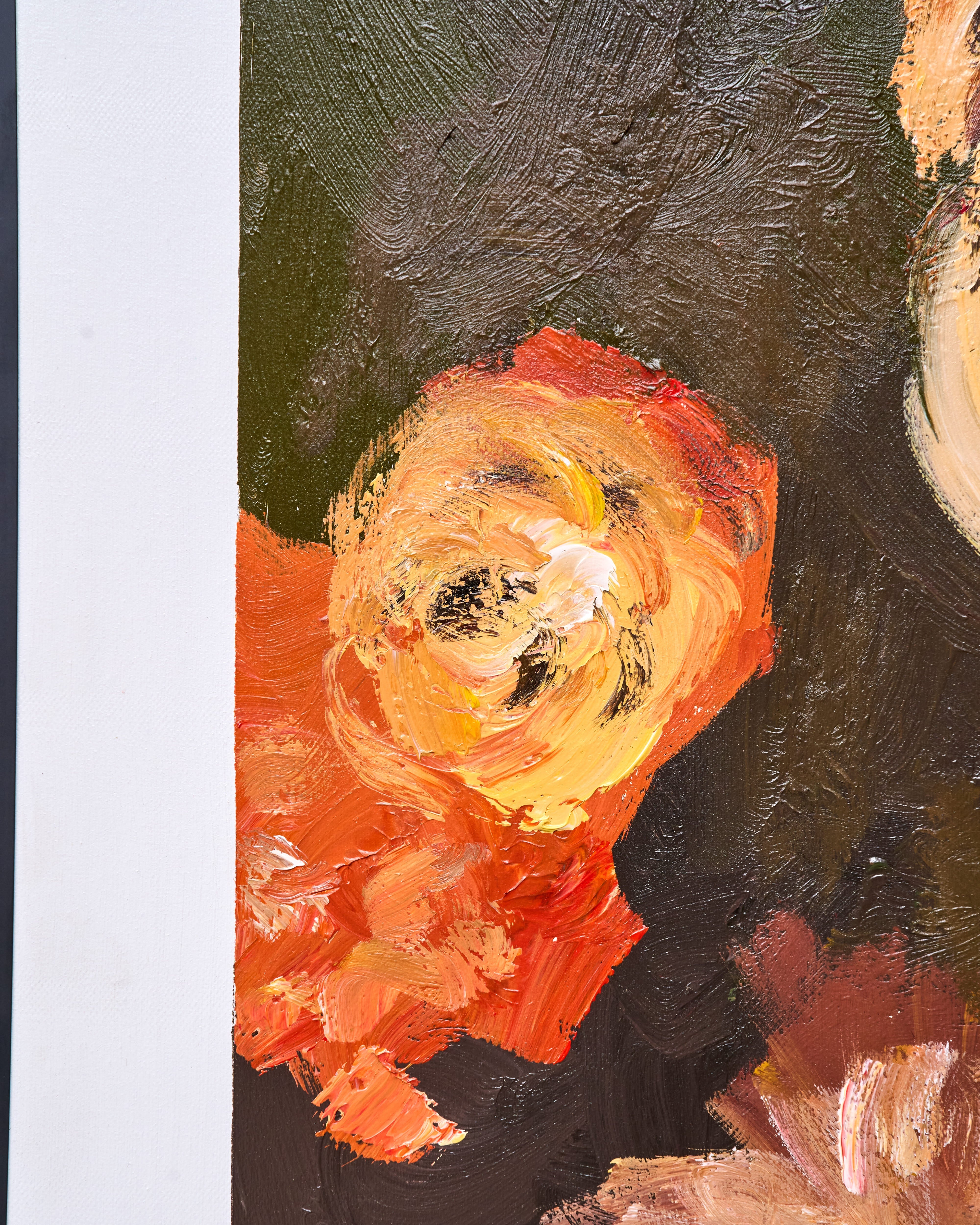 Close-up of an oil painting showing textured impasto brushstrokes in vibrant orange, yellow, and red tones against a dark brown and olive background.