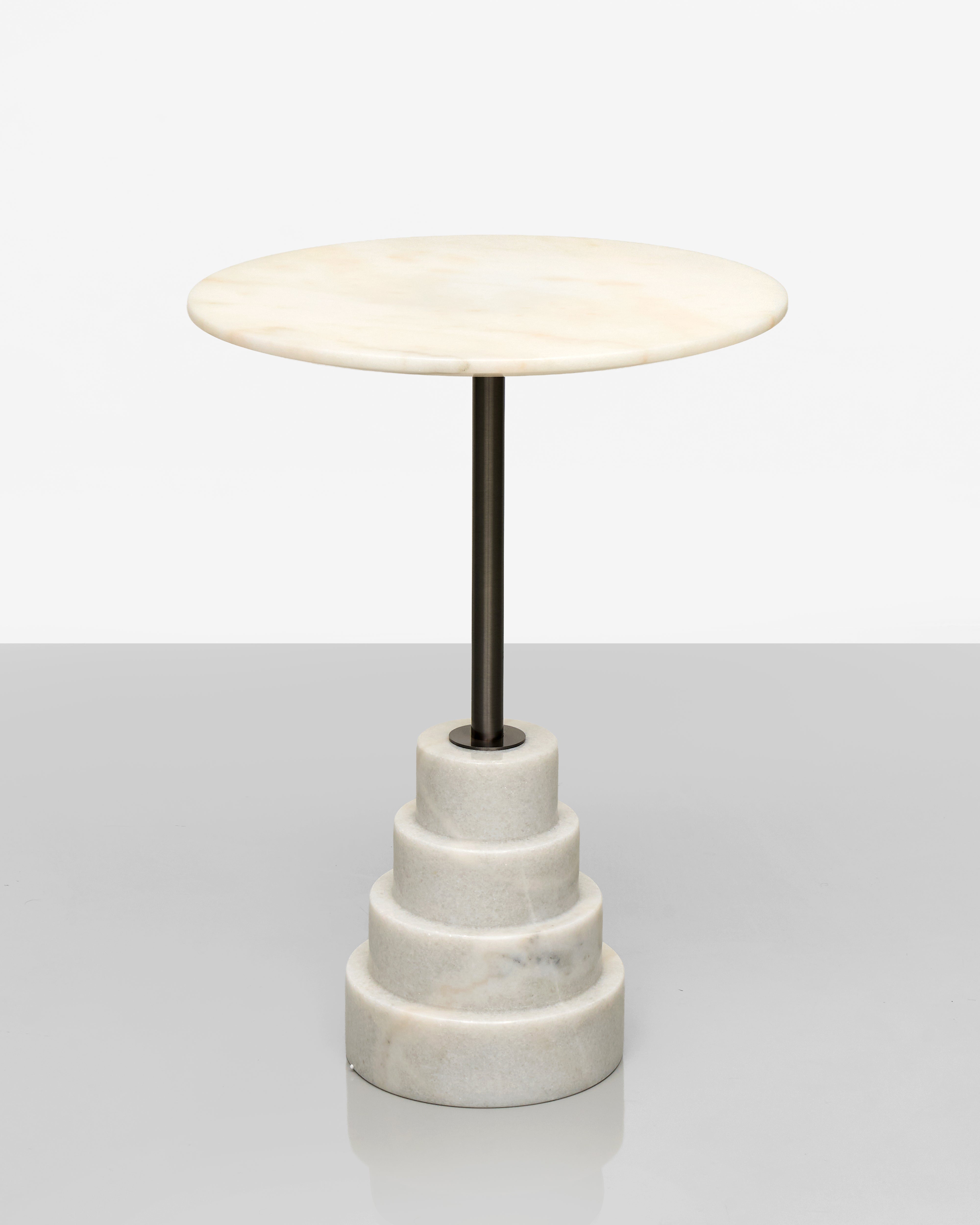 Side Table with marble base and white shade on a light gray background