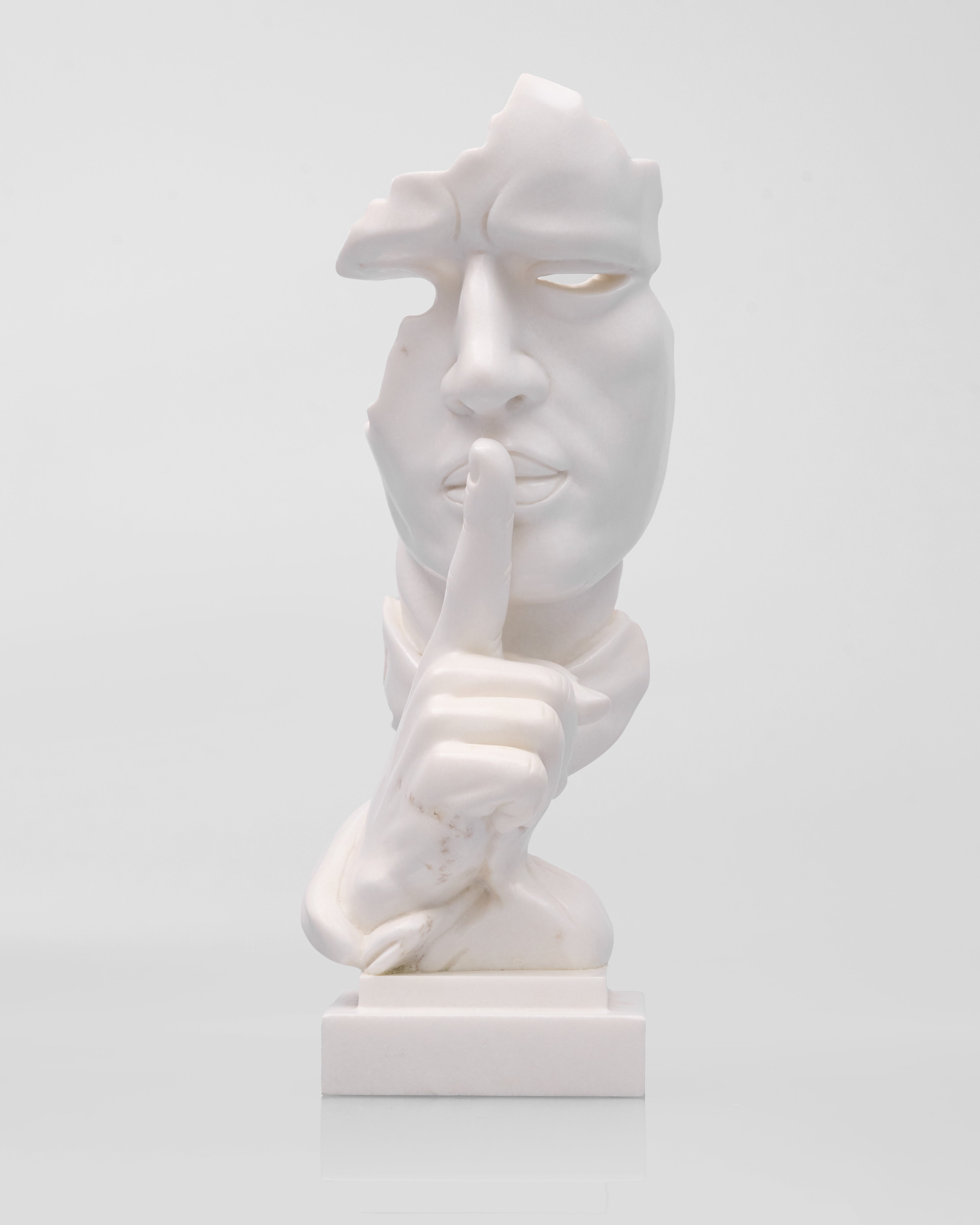 White marble sculpture of a face with a hand over the mouth on a white background