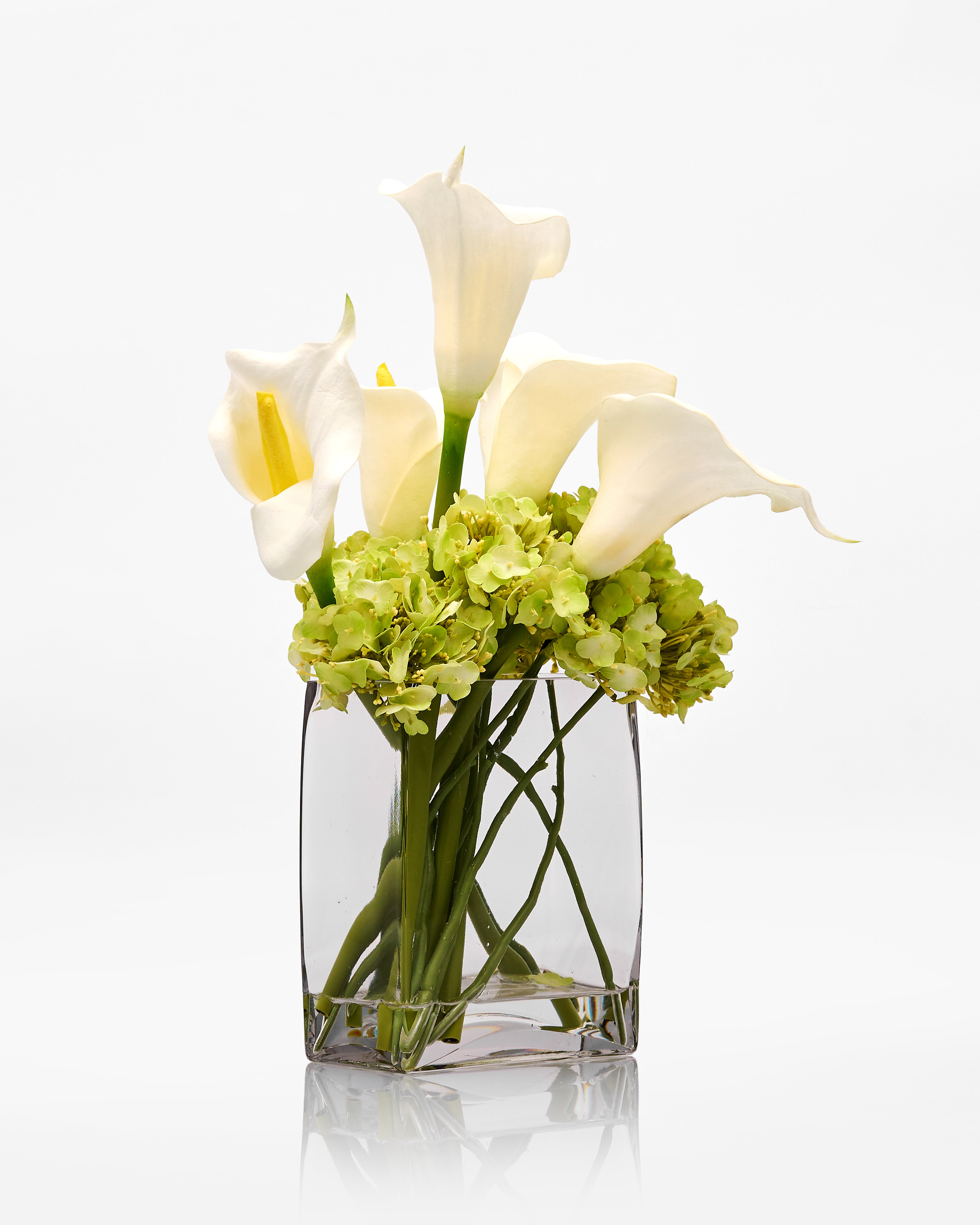 Clear glass vase with white calla lilies and green hydrangeas on a white background