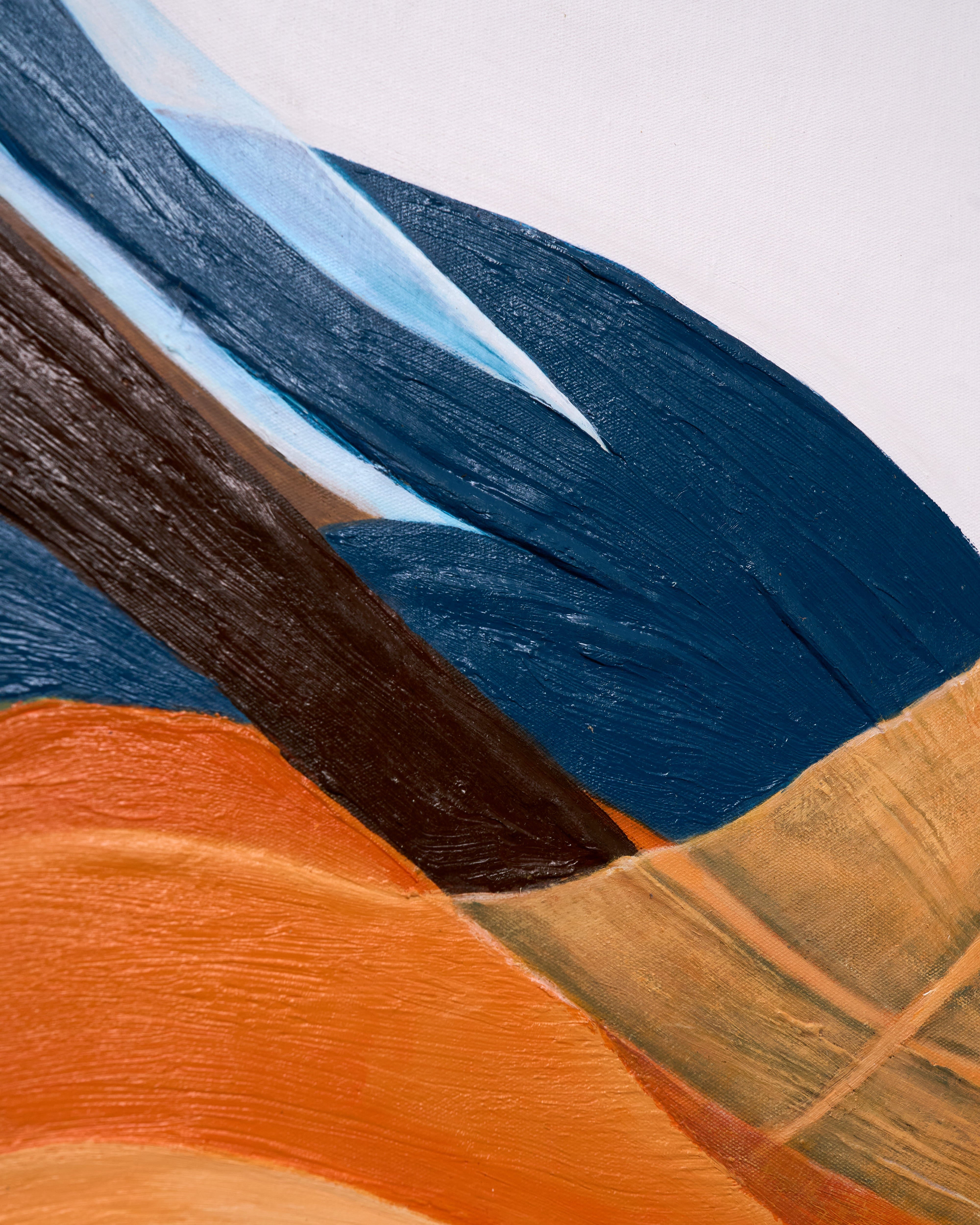 Abstract landscape painting with layered brushstrokes in deep blue, orange, tan, brown, and light blue on a white background.