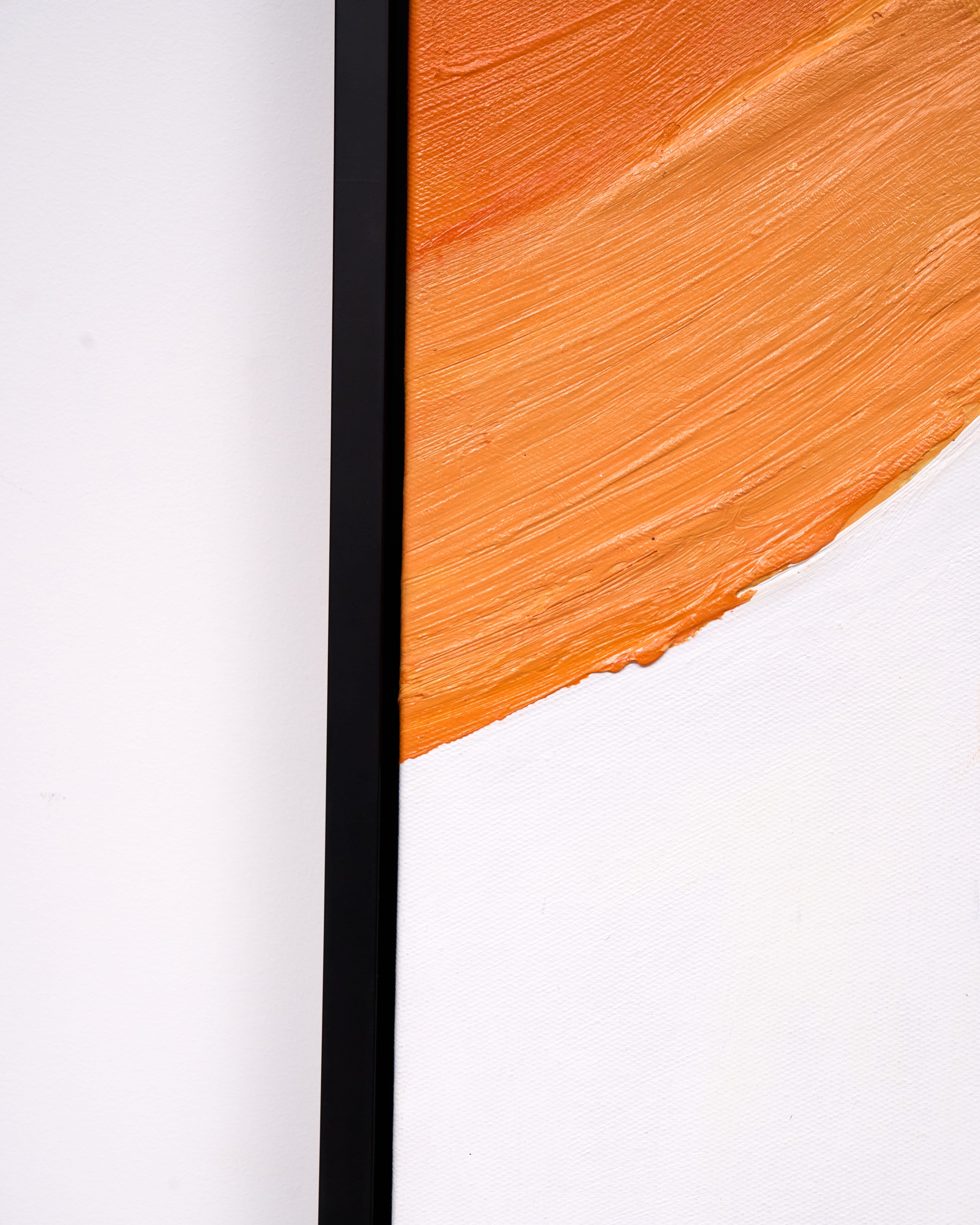 Close-up of an abstract painting featuring a thick, textured orange brushstroke on a white background, bordered by a thin black frame.