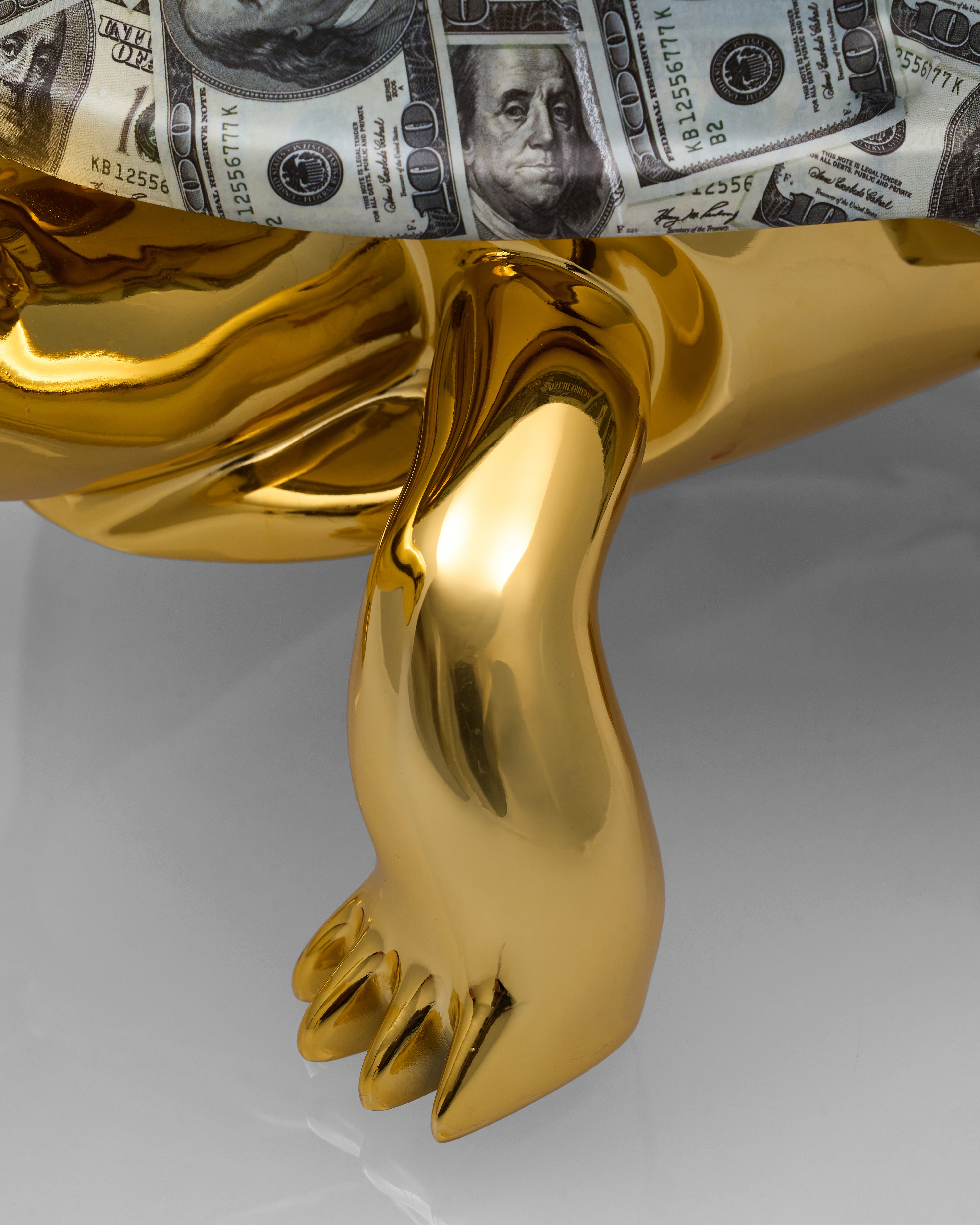 Gold foot with dollar bill embedded in the sole on a gray background