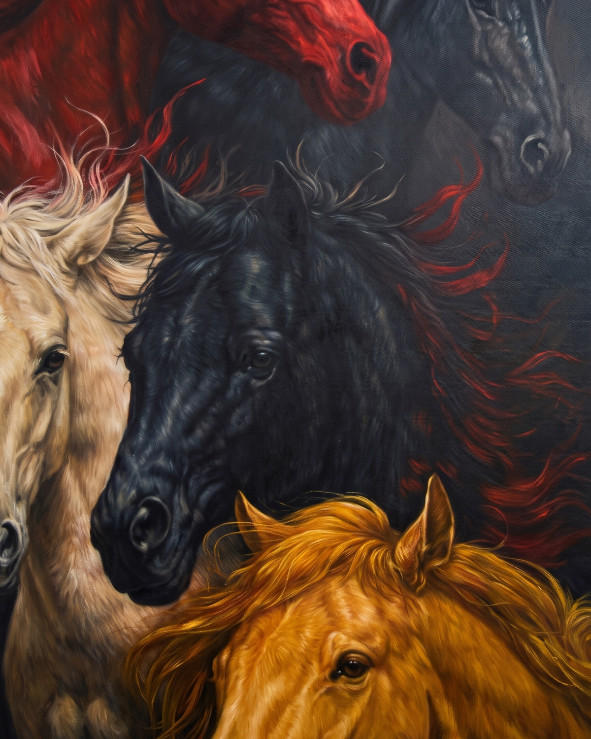 A square canvas painting featuring four horse heads in dramatic close-up, with flowing mane details and a dark smoky background. The horses are rendered in contrasting colors: black, deep red, cream, and golden tan.
