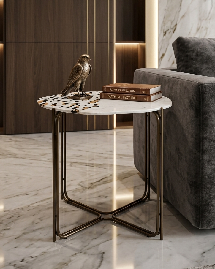 Modern interior with a side table, books, and a gray sofa on a marble floor.