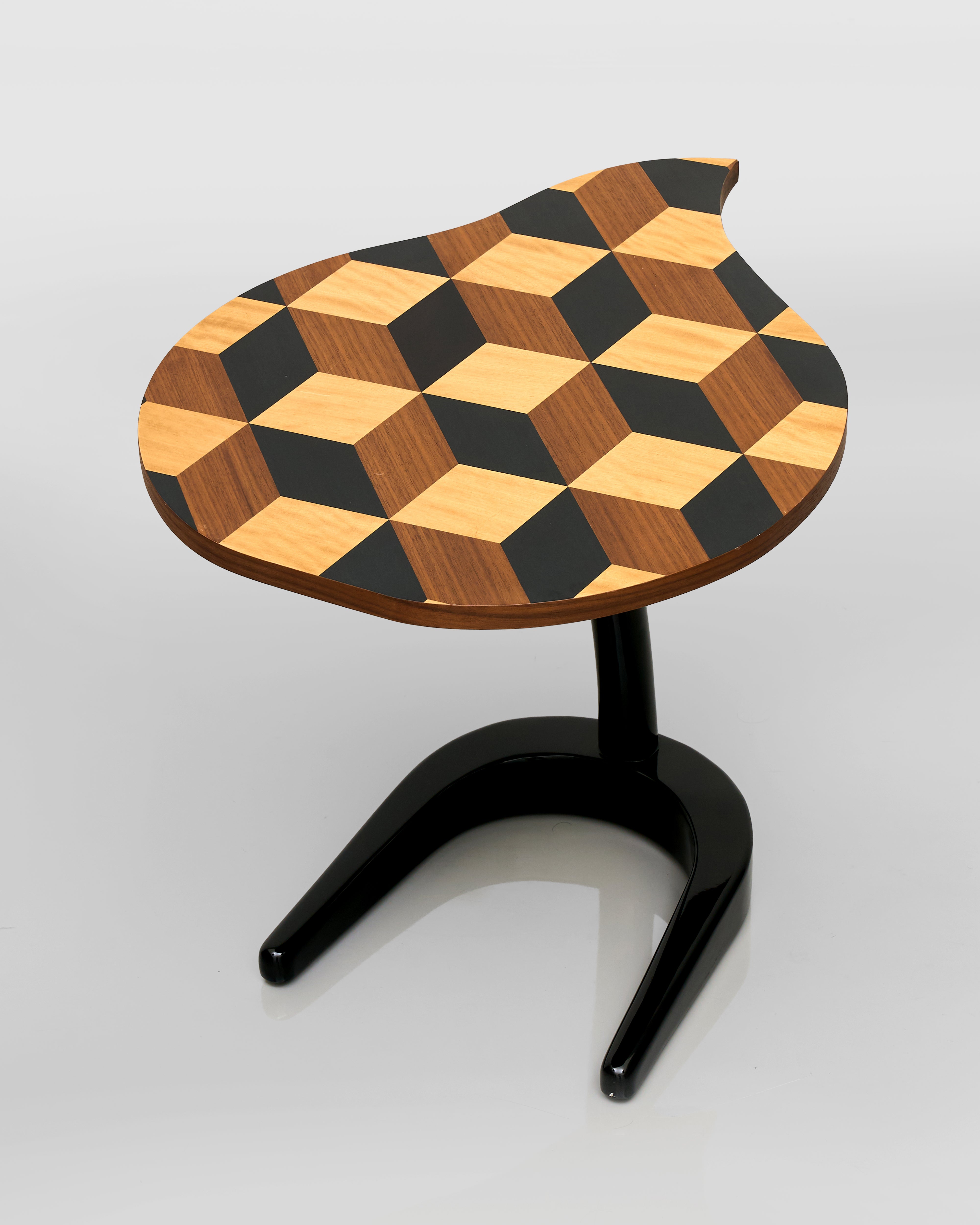 Wooden side table with a checkered pattern on a white background