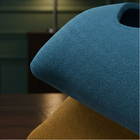 Blue and yellow bean bag chairs in a dimly lit room with bookshelves.