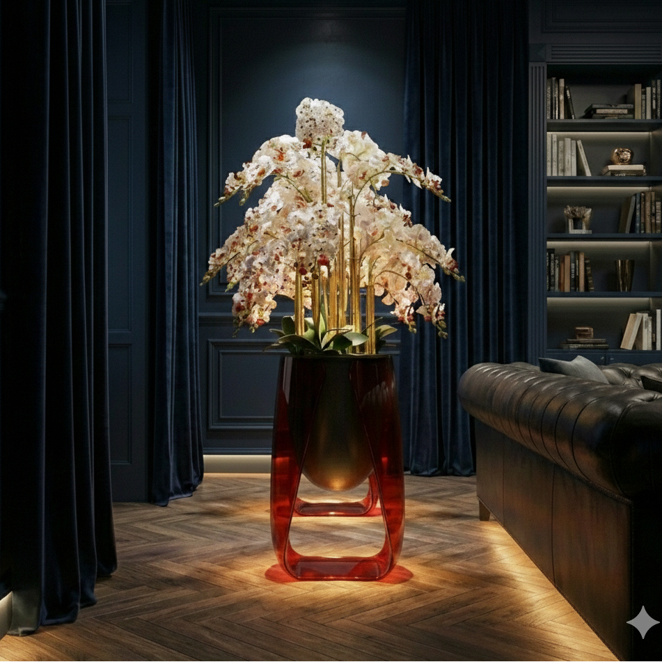 Decorative vase with flowers in a stylish room with dark walls and a leather sofa.