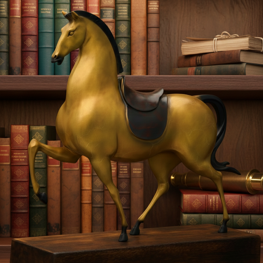 Gold horse statue with a saddle on a wooden platform in front of bookshelves.