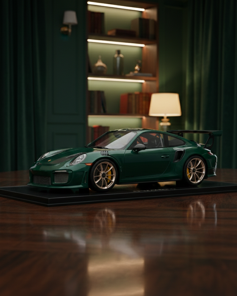 Green sports car on a wooden platform with a dark green curtain background