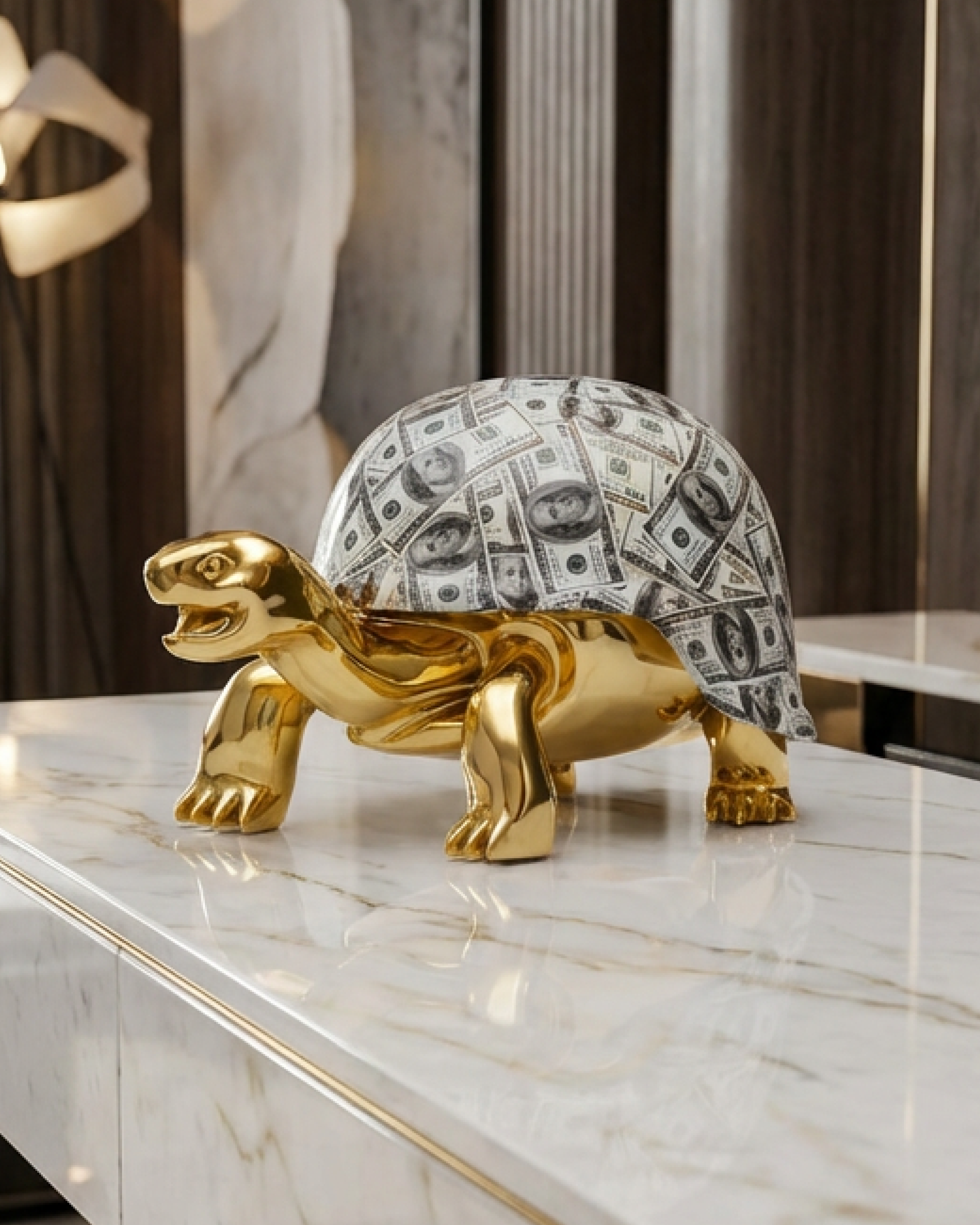 Decorative turtle figurine with a dollar shell 