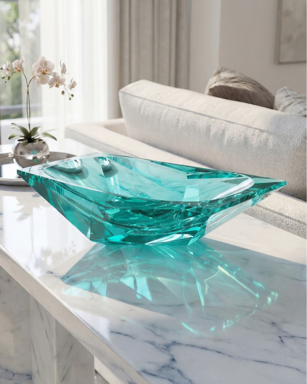Turquoise glass bowl on a marble surface with a modern interior setting