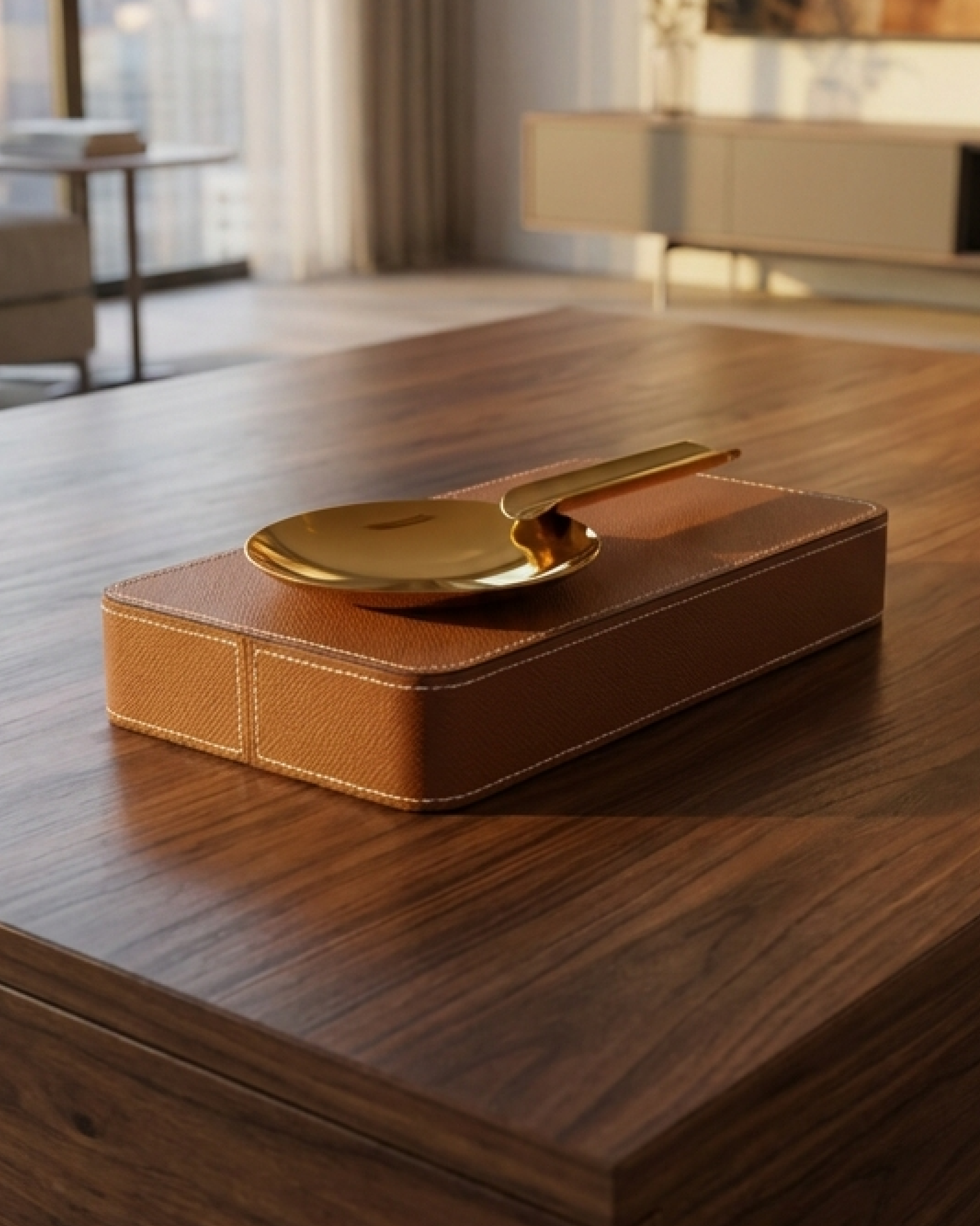 Brown leather Ashtray with gold lid for Cigar