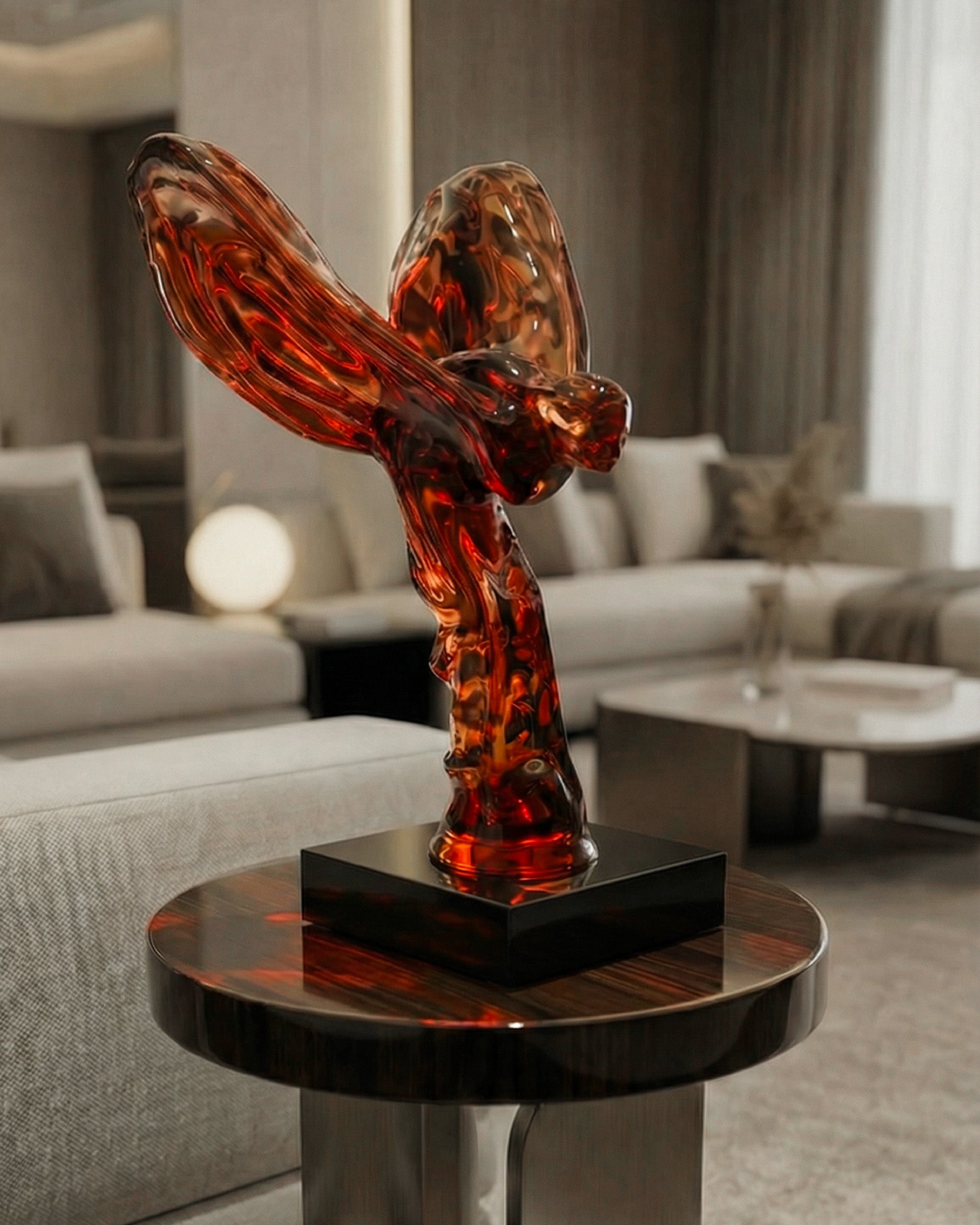 Decorative amber sculpture on a black base