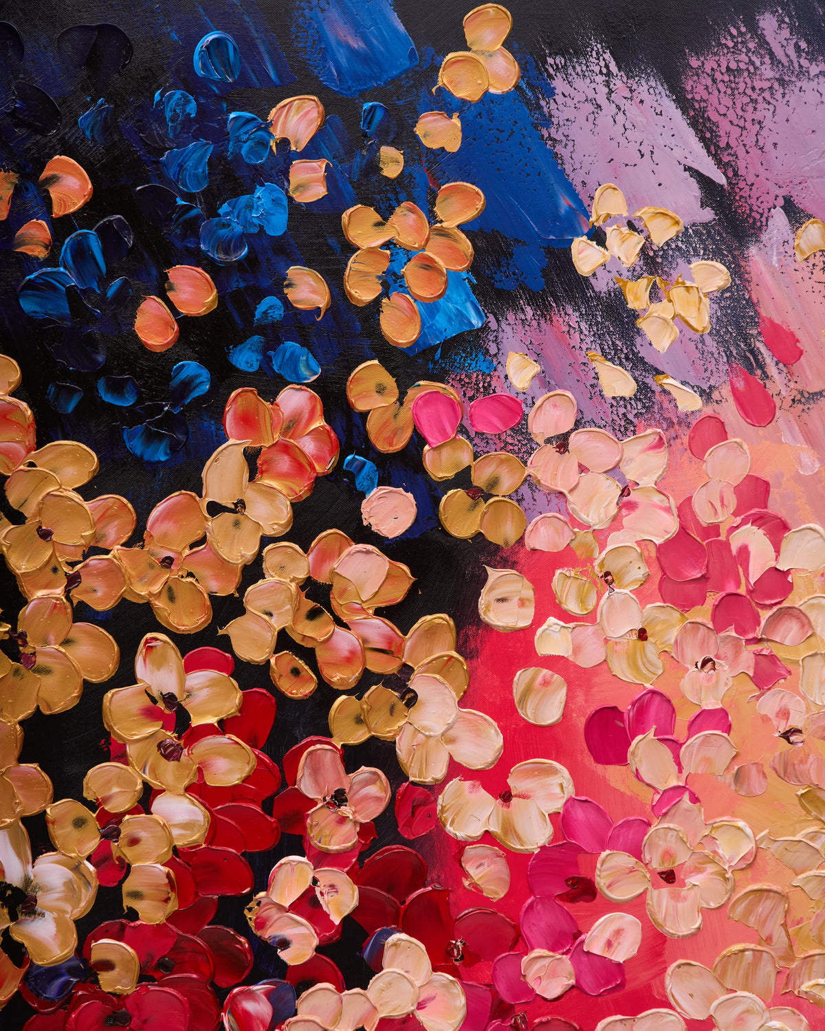 Abstract floral painting with textured impasto petals in shades of blue, pink, red, peach, and gold on a dark background.