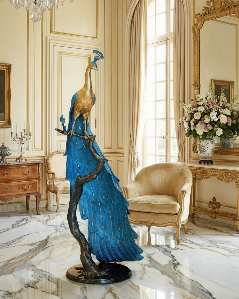 Decorative peacock statue in an elegant room with marble floor and gold accents