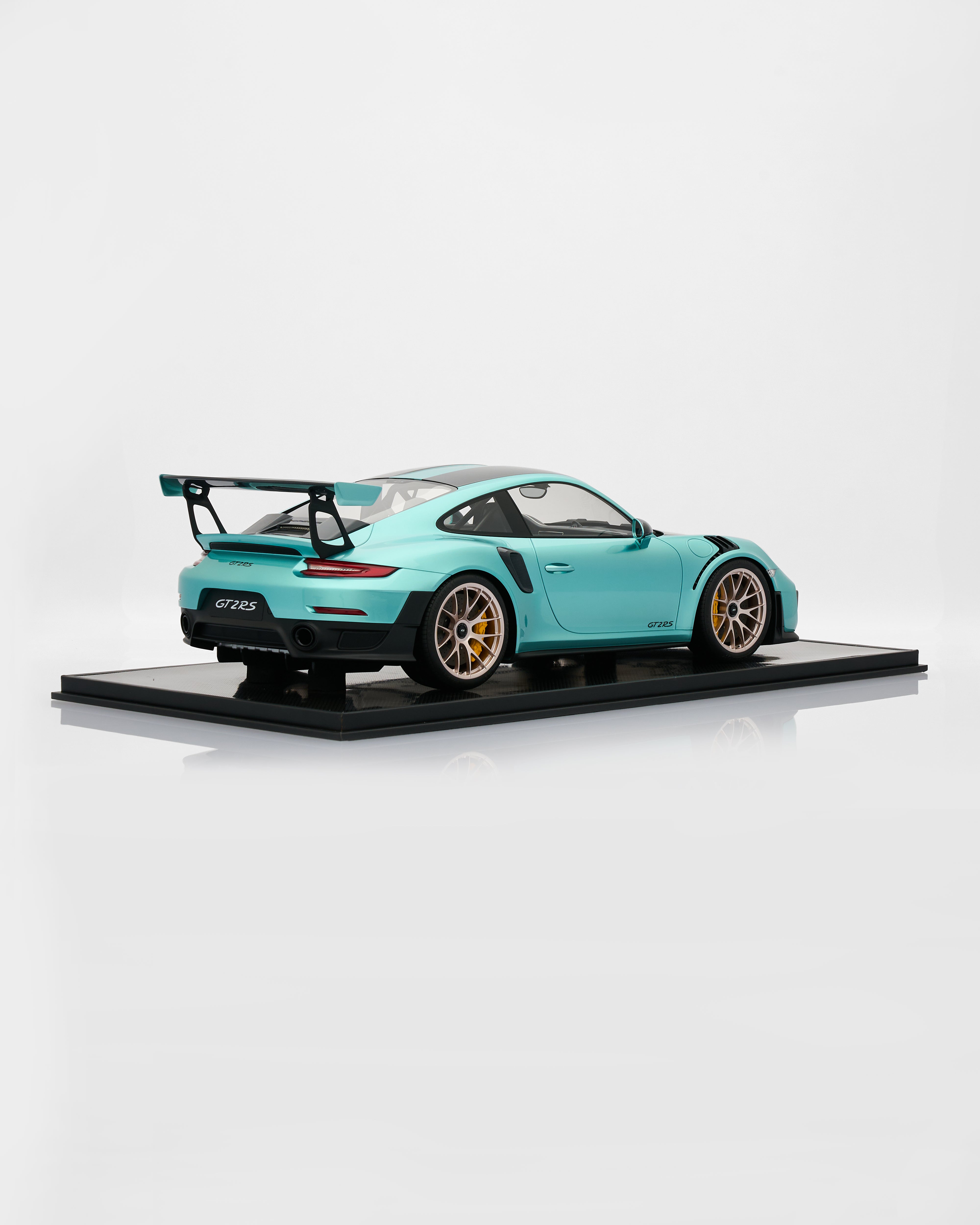 Model of a porsche GT2RS Mint Green - Limited Edition 19/20 sports car on a white background