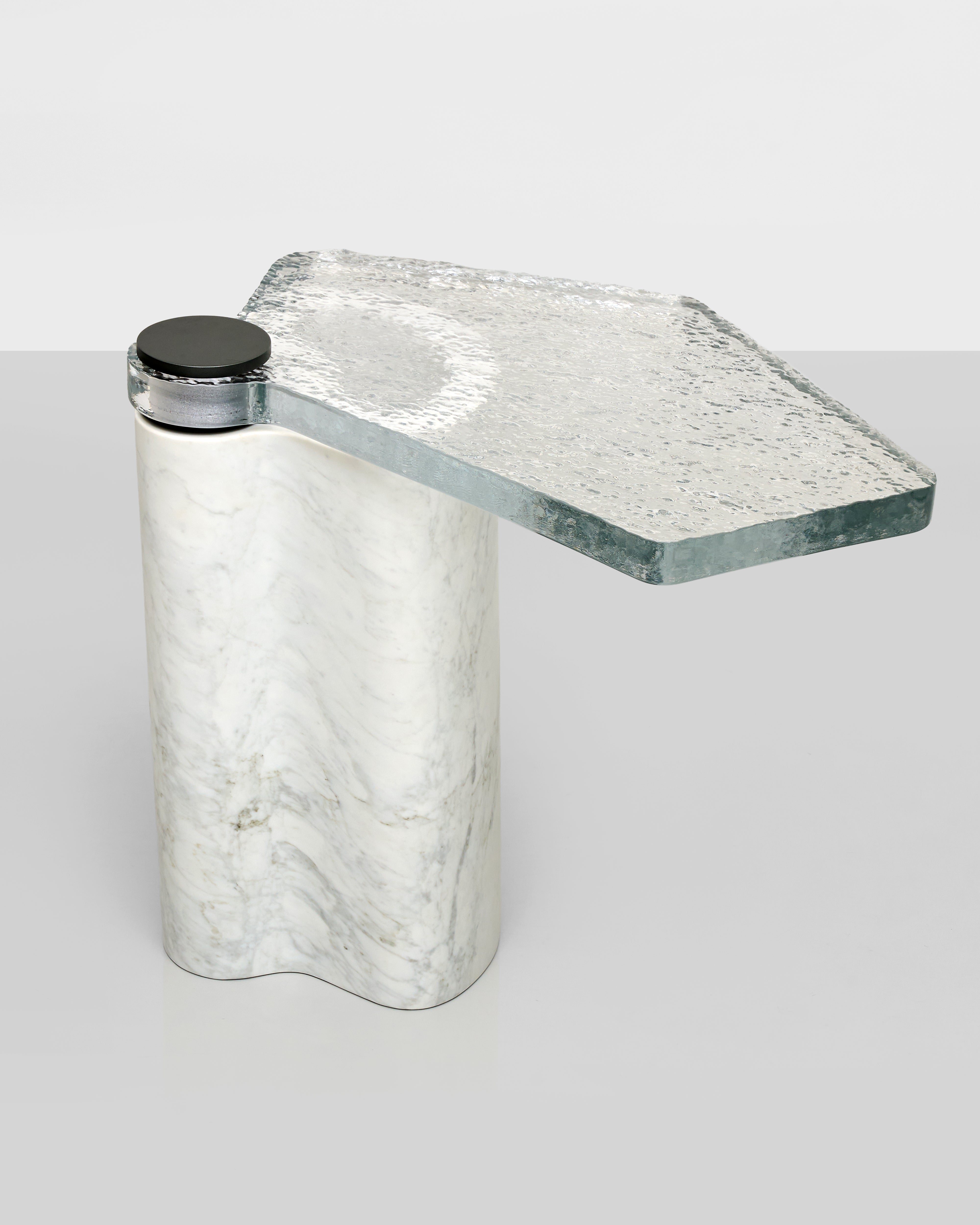 White marble hip flask with a glass insert on a light gray background